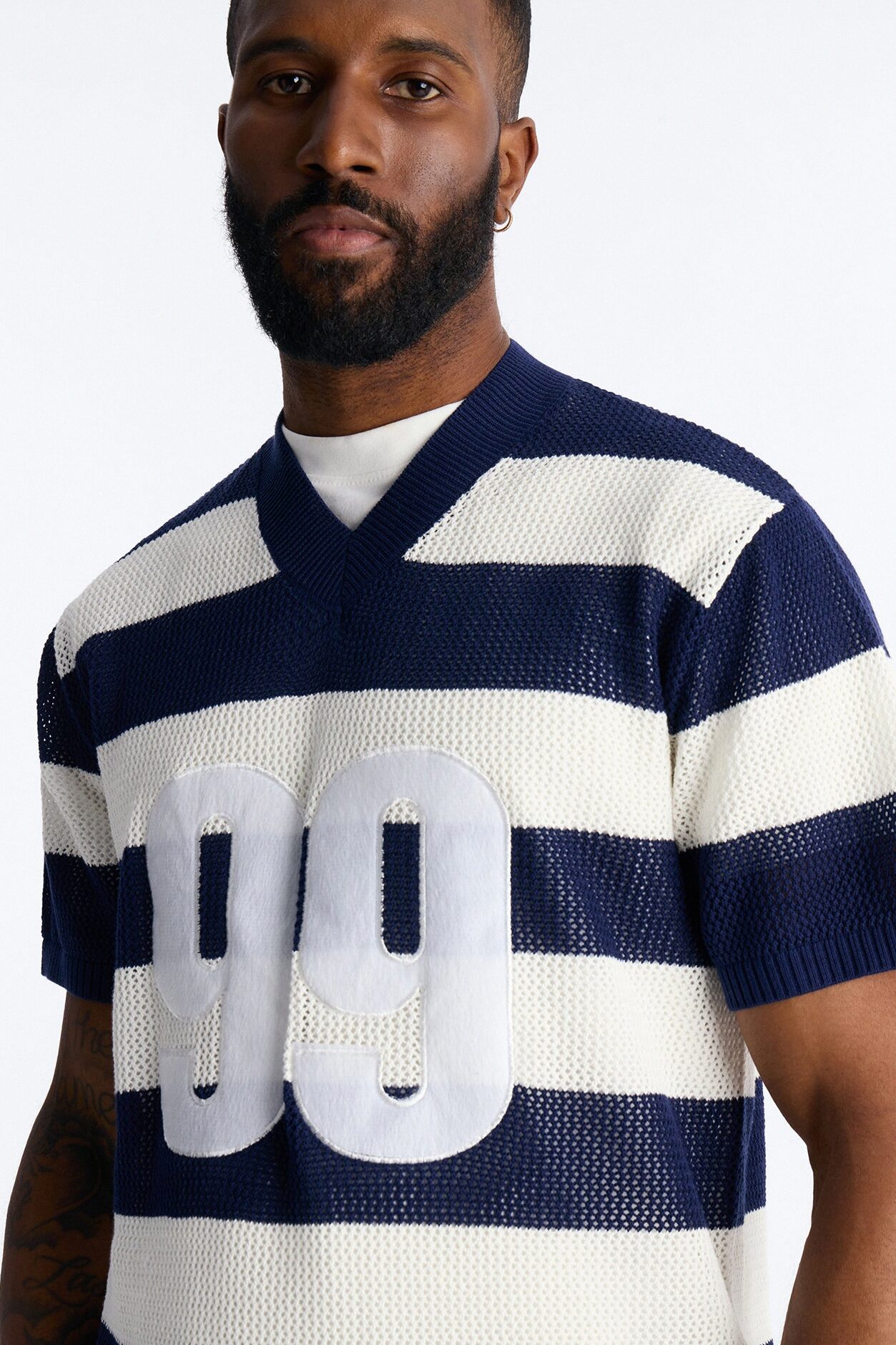 Short Sleeve Striped Crotchet Jersey - Navy
