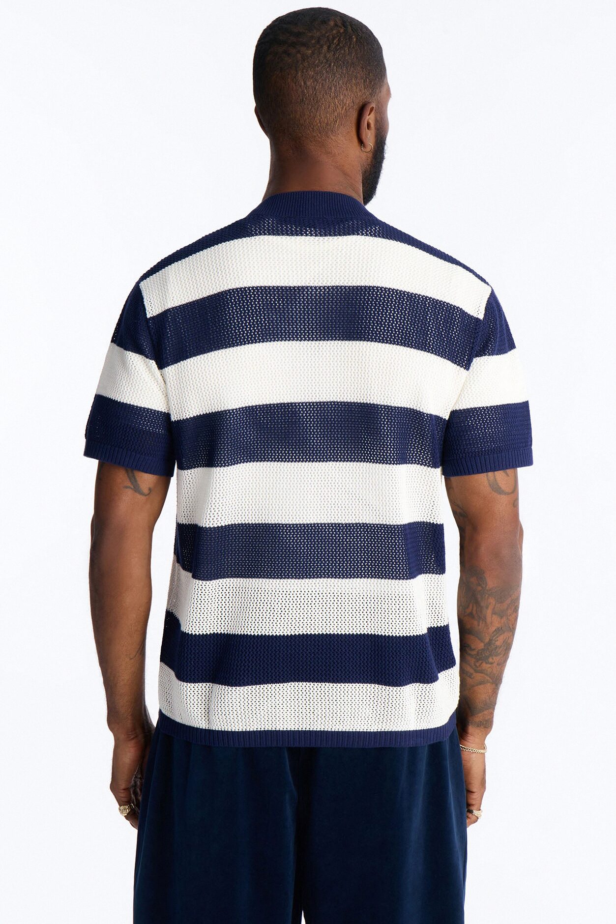 Short Sleeve Striped Crotchet Jersey - Navy