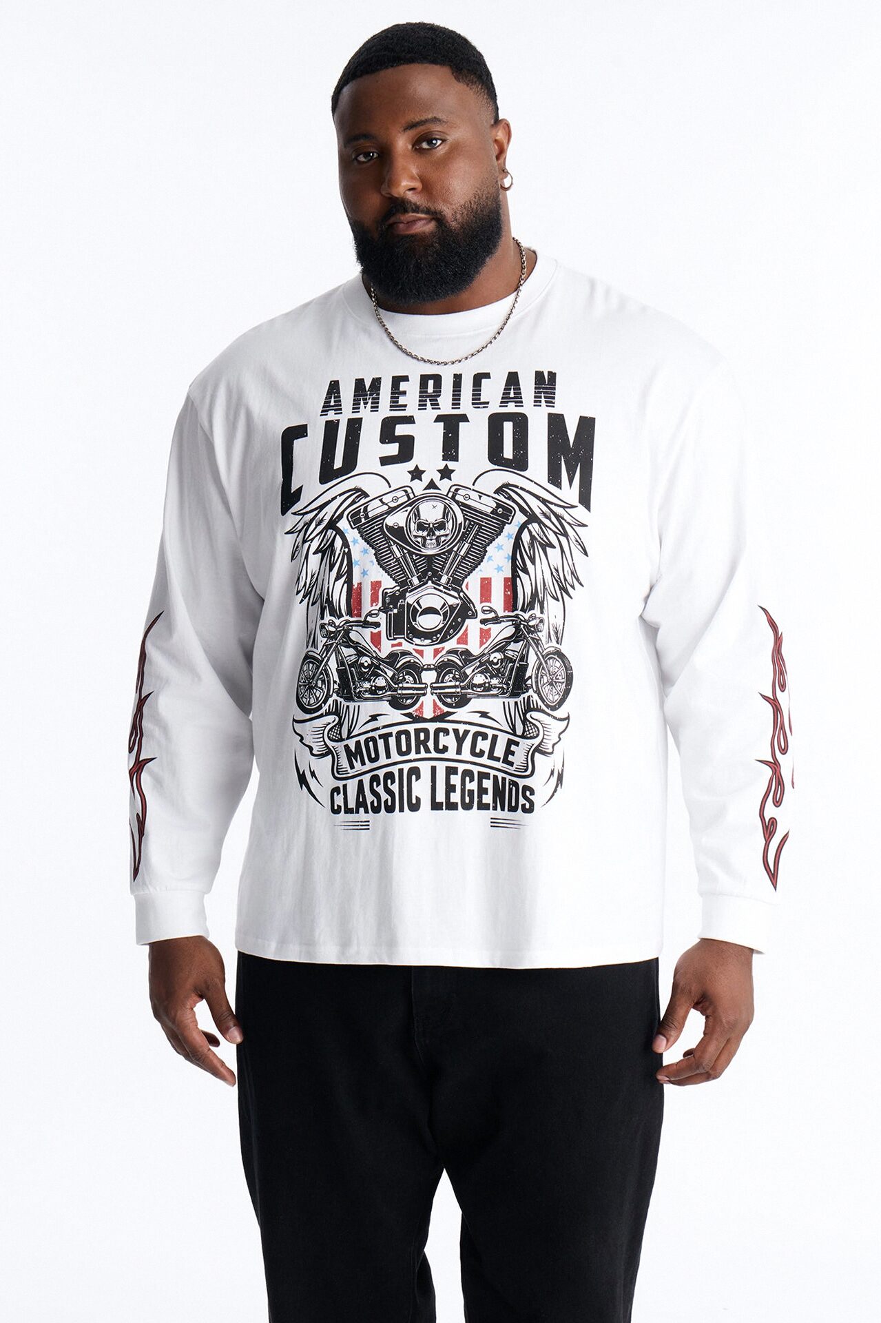 American Custom Motorcycle Oversized Long Sleeve Tee - White