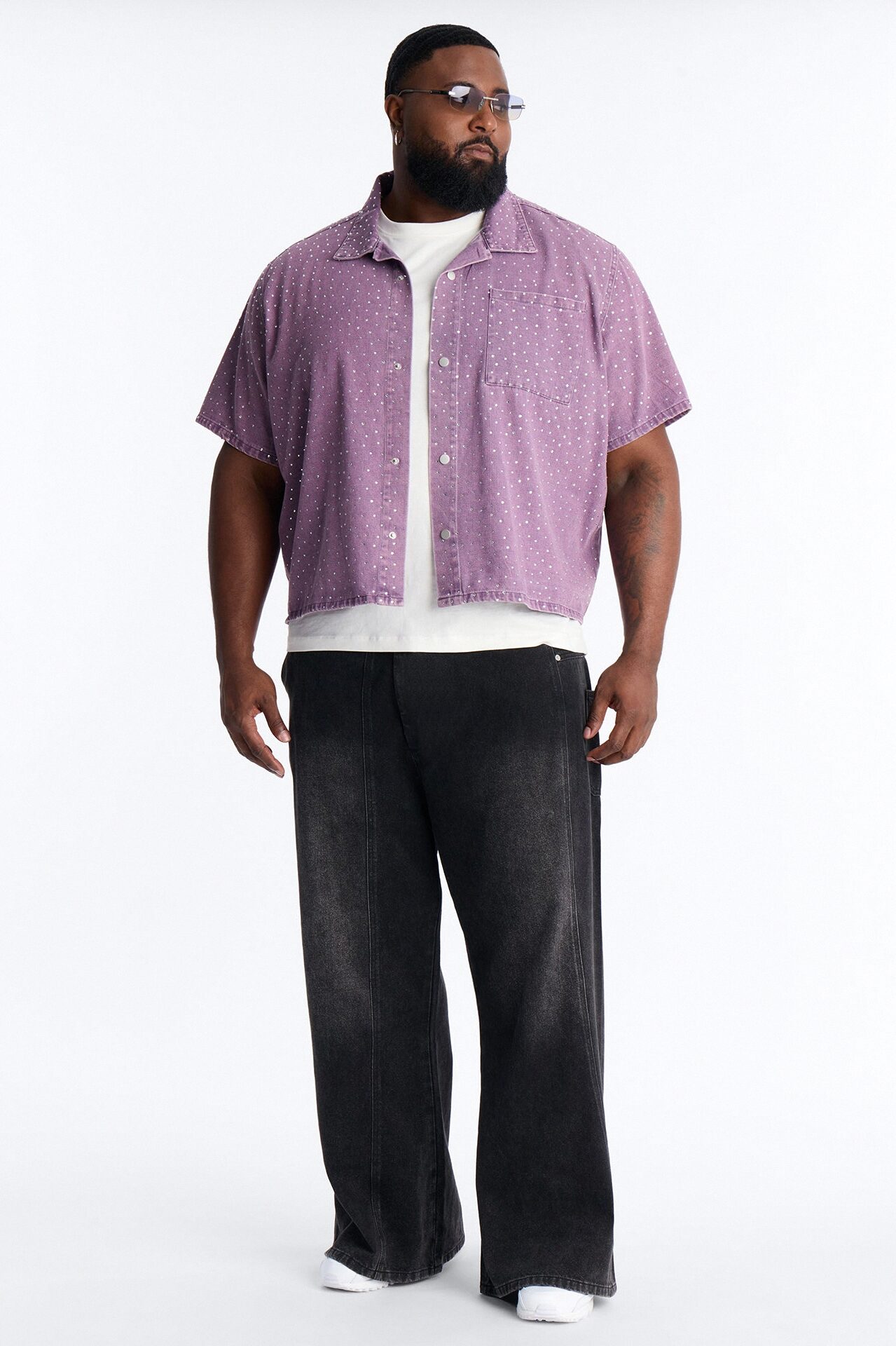 Cropped Embellished Denim Button Up Shirt - Purple