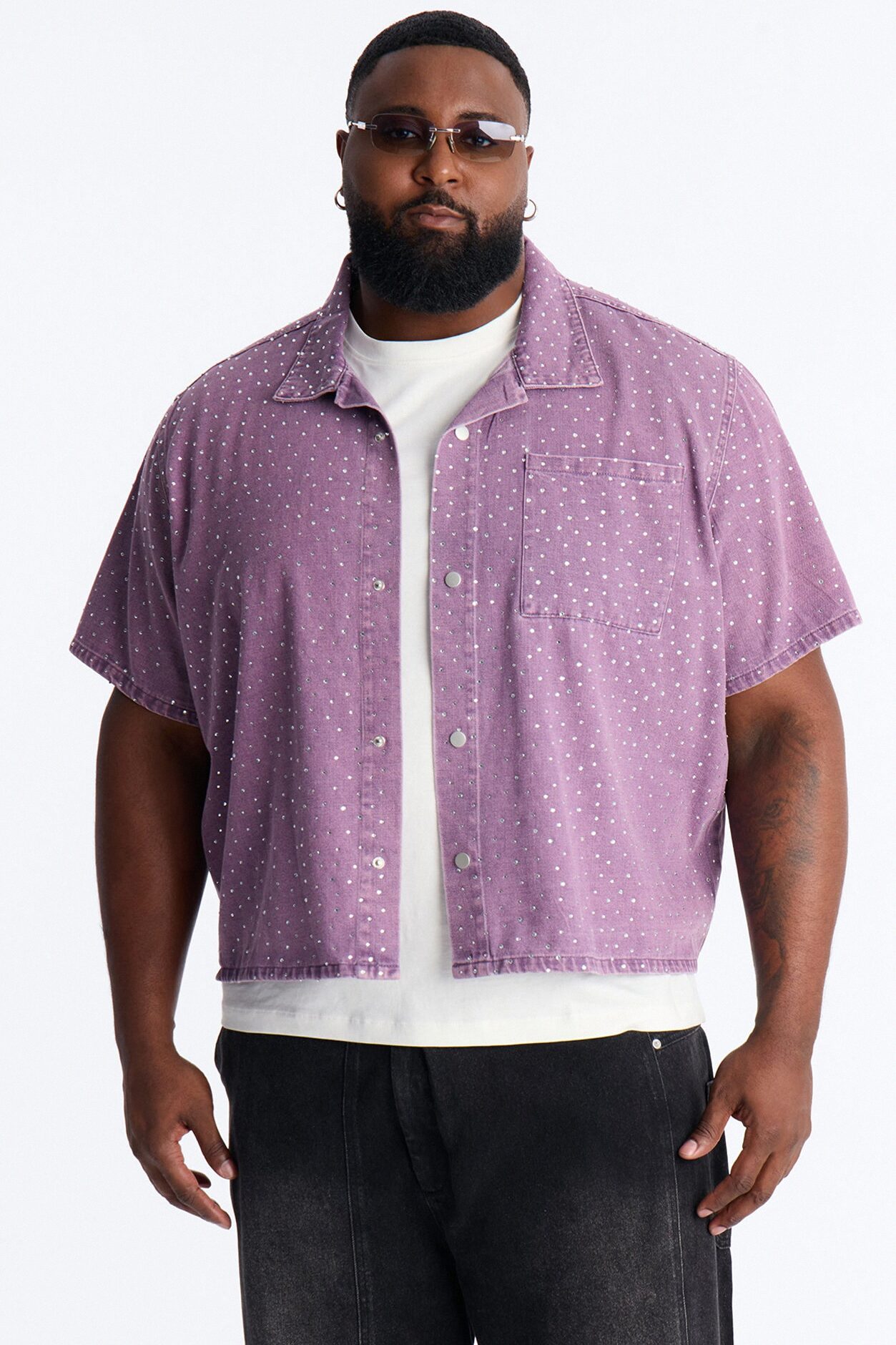 Cropped Embellished Denim Button Up Shirt - Purple