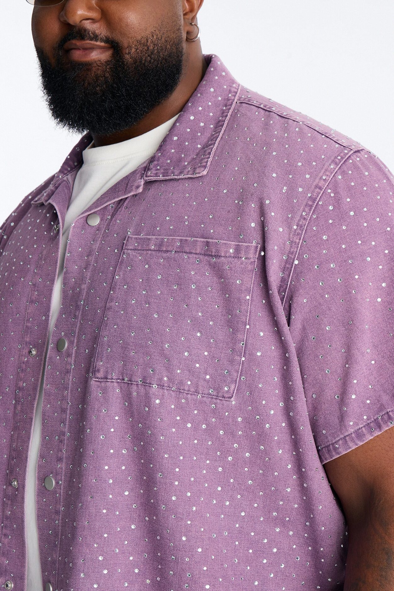 Cropped Embellished Denim Button Up Shirt - Purple