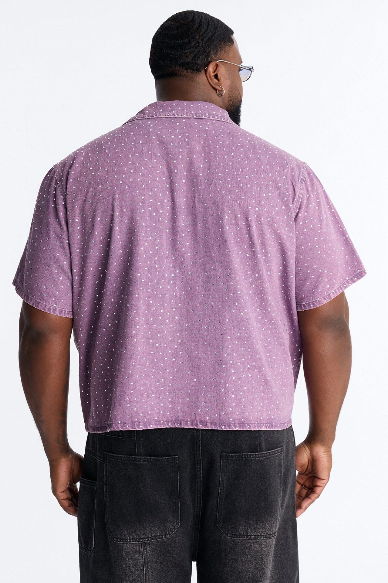 Cropped Embellished Denim Button Up Shirt - Purple