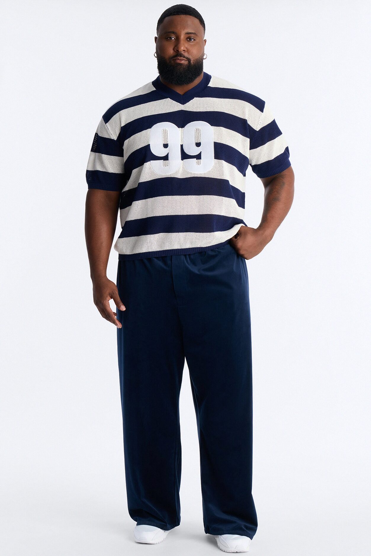 Short Sleeve Striped Crotchet Jersey - Navy