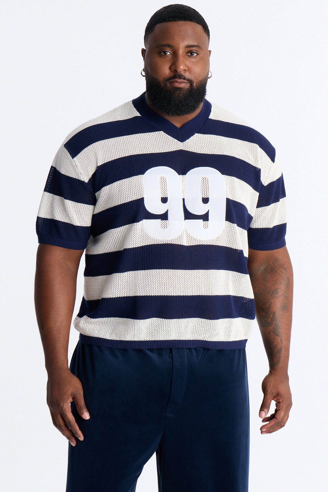 Short Sleeve Striped Crotchet Jersey - Navy