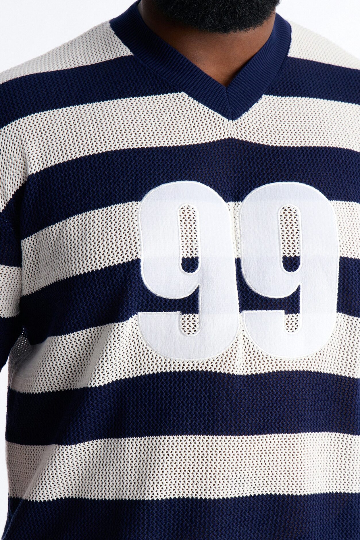 Short Sleeve Striped Crotchet Jersey - Navy
