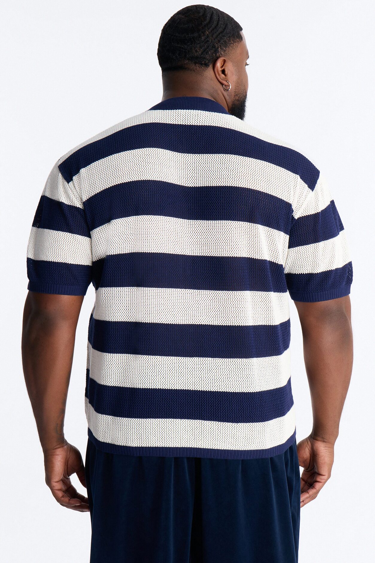 Short Sleeve Striped Crotchet Jersey - Navy