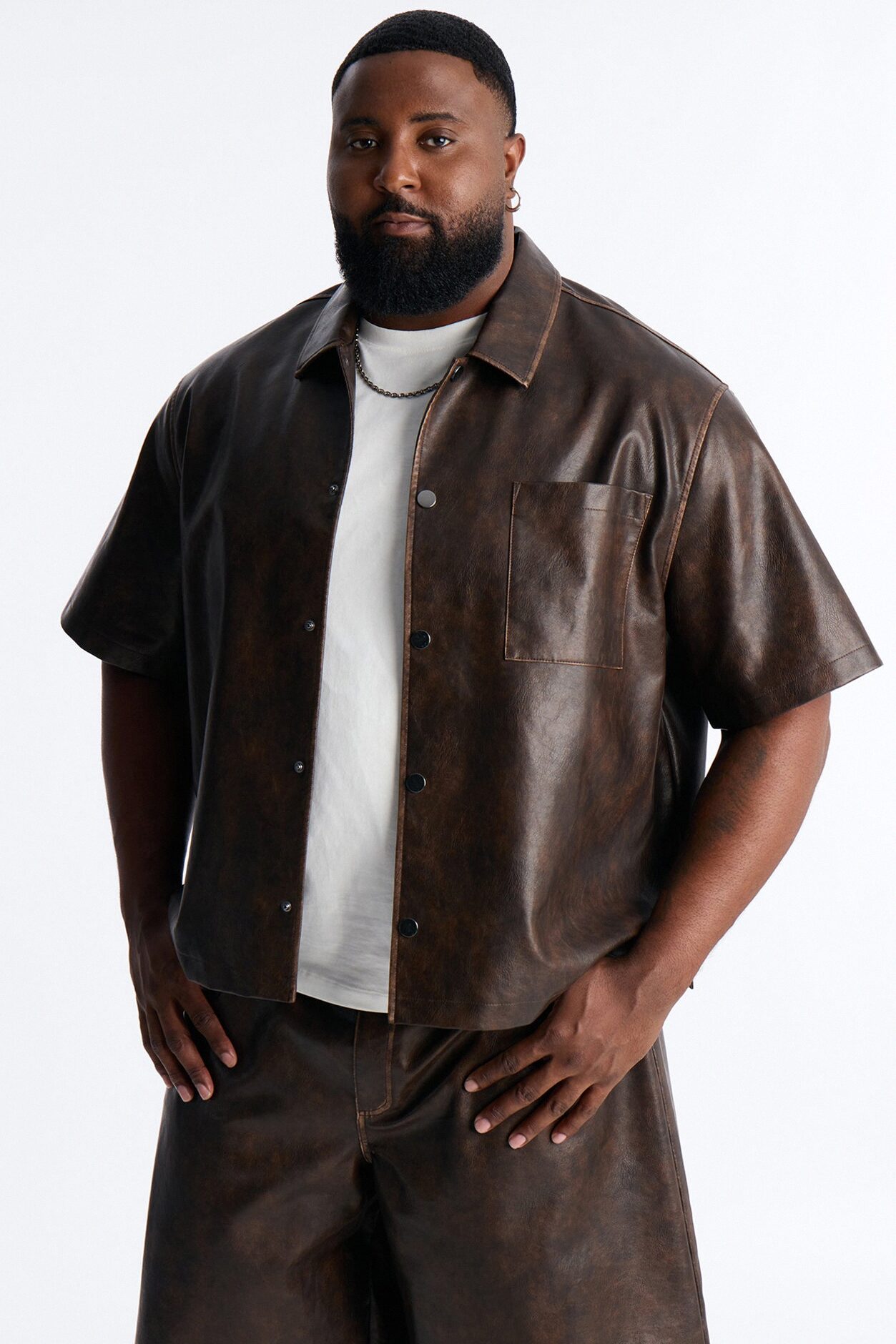 Cropped Relaxed Fordham Front Faux Leather Button Up Shirt - Brown