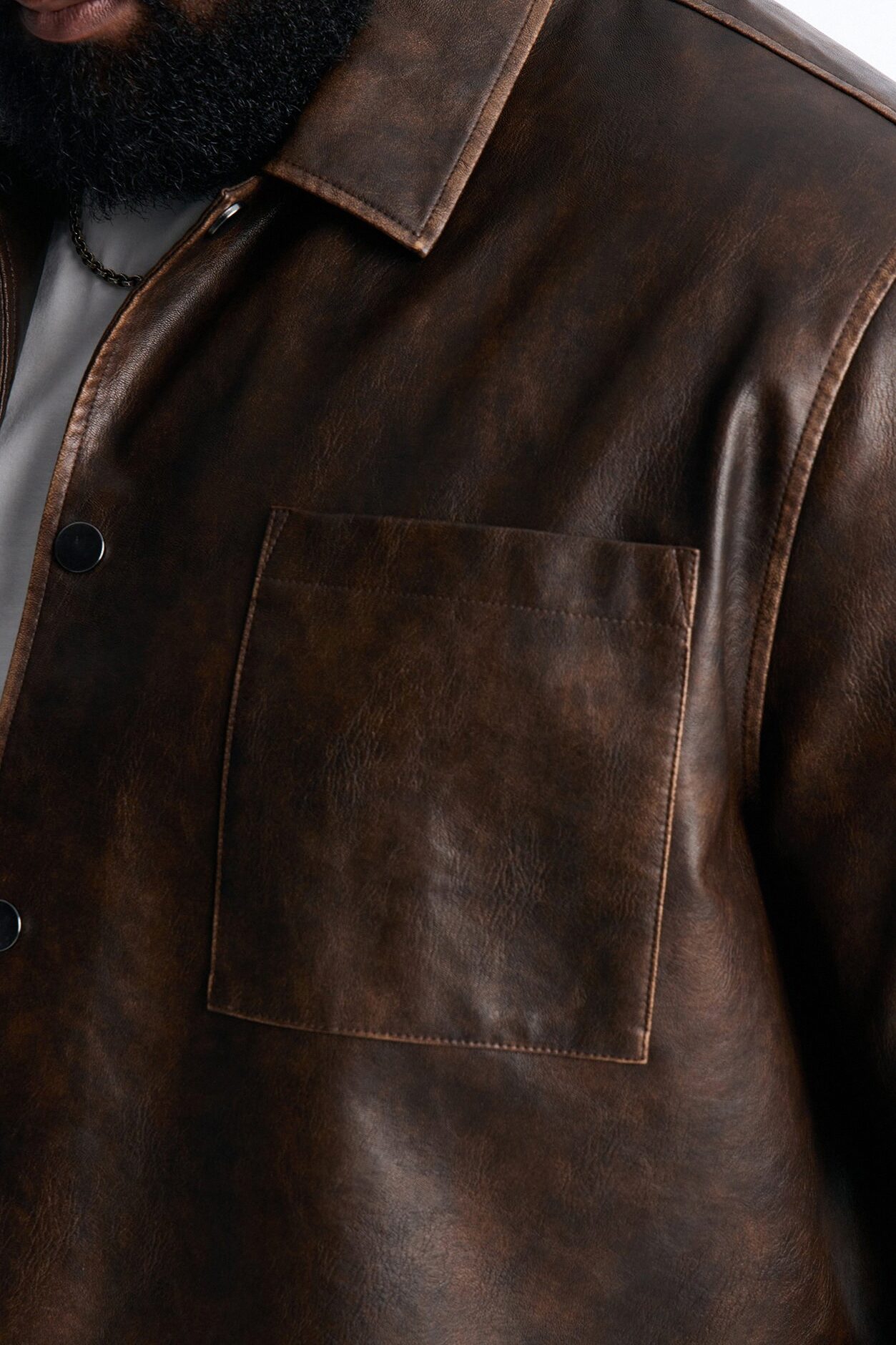 Cropped Relaxed Fordham Front Faux Leather Button Up Shirt - Brown