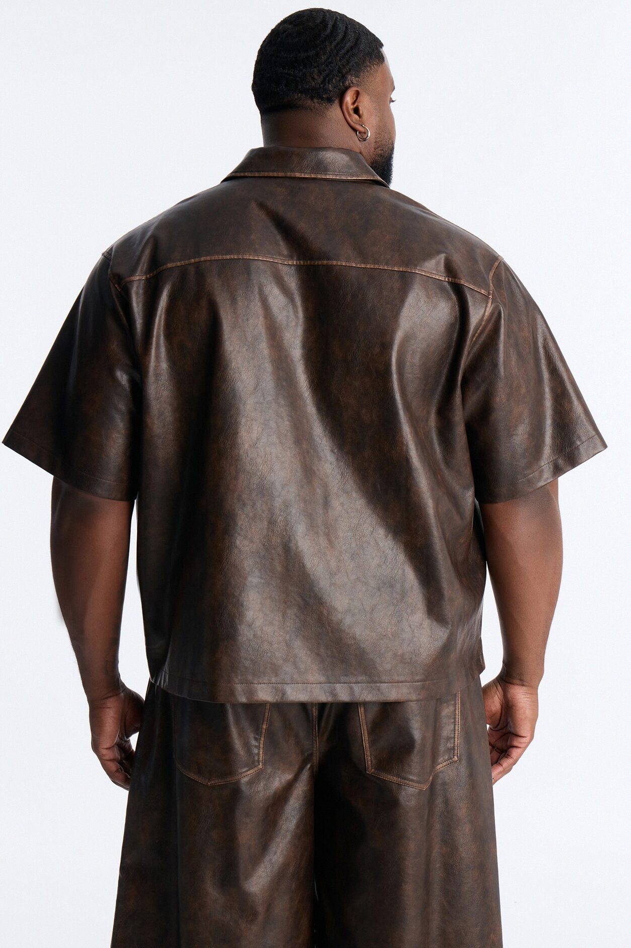 Cropped Relaxed Fordham Front Faux Leather Button Up Shirt - Brown