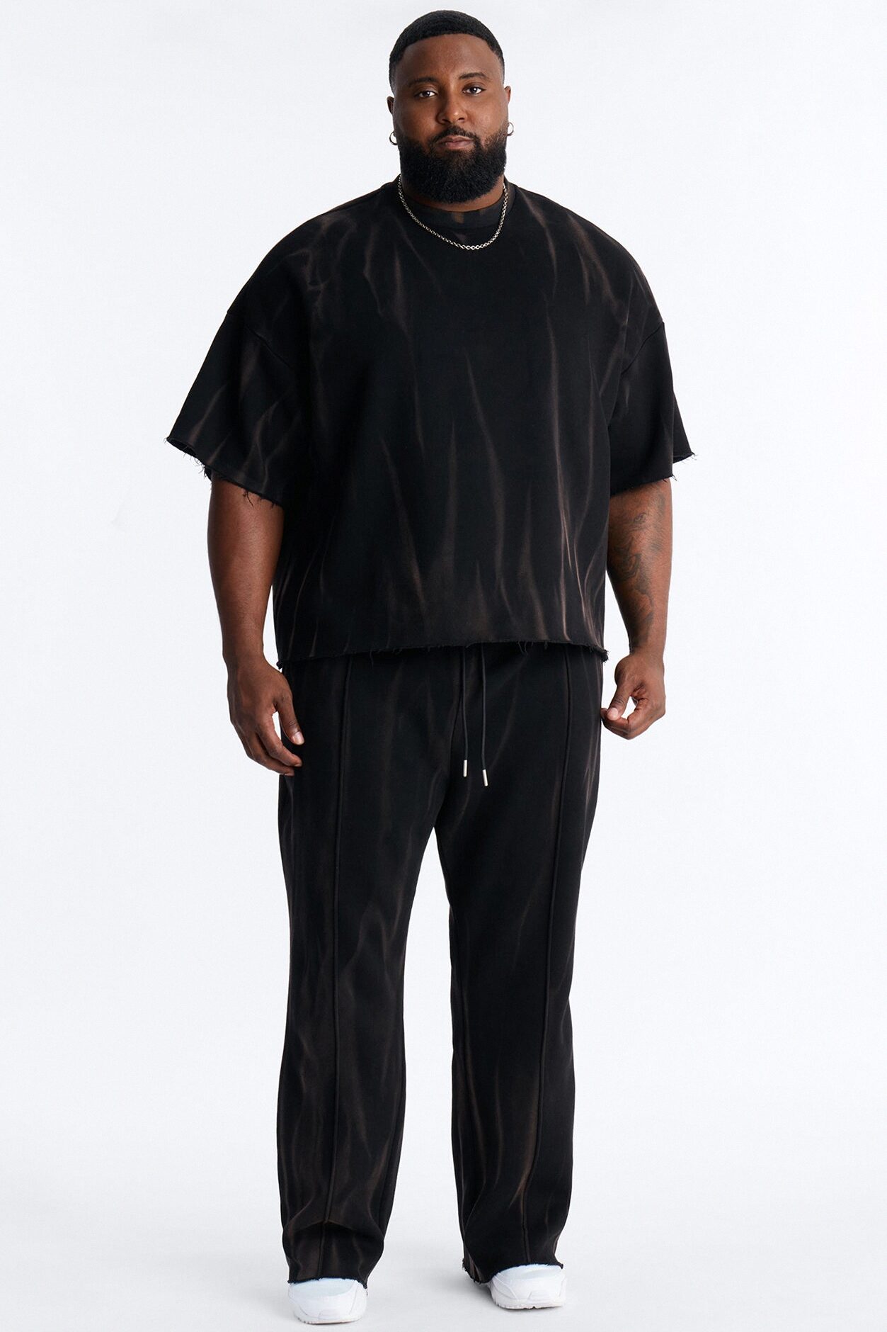 Oversized Bleach Washed Short Sleeve Fleece Tee - Black
