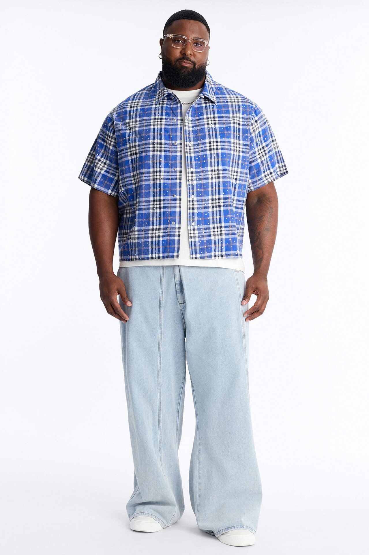 Rhinestone Rain Short Sleeve Plaid Flannel - Royal