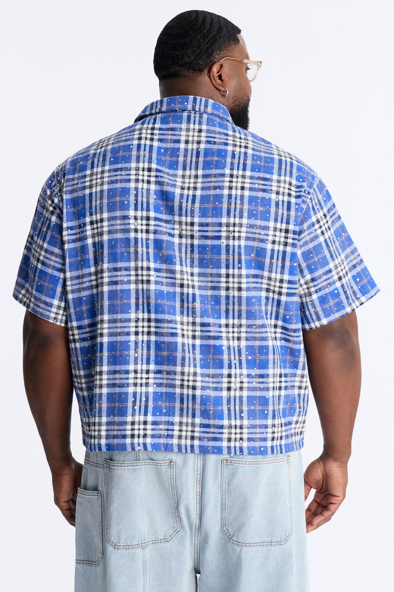 Rhinestone Rain Short Sleeve Plaid Flannel - Royal