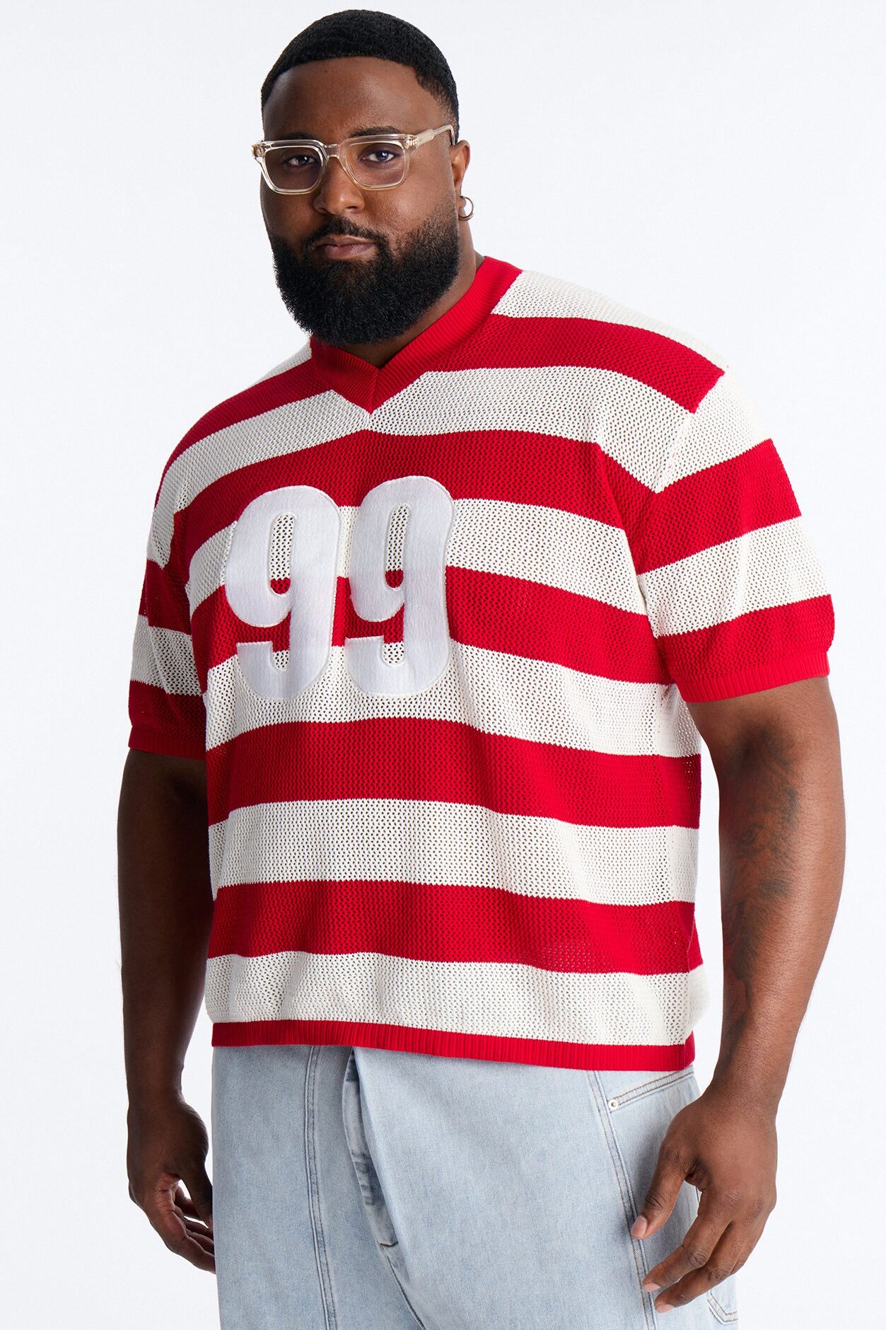 Short Sleeve Striped Crotchet Jersey - Red