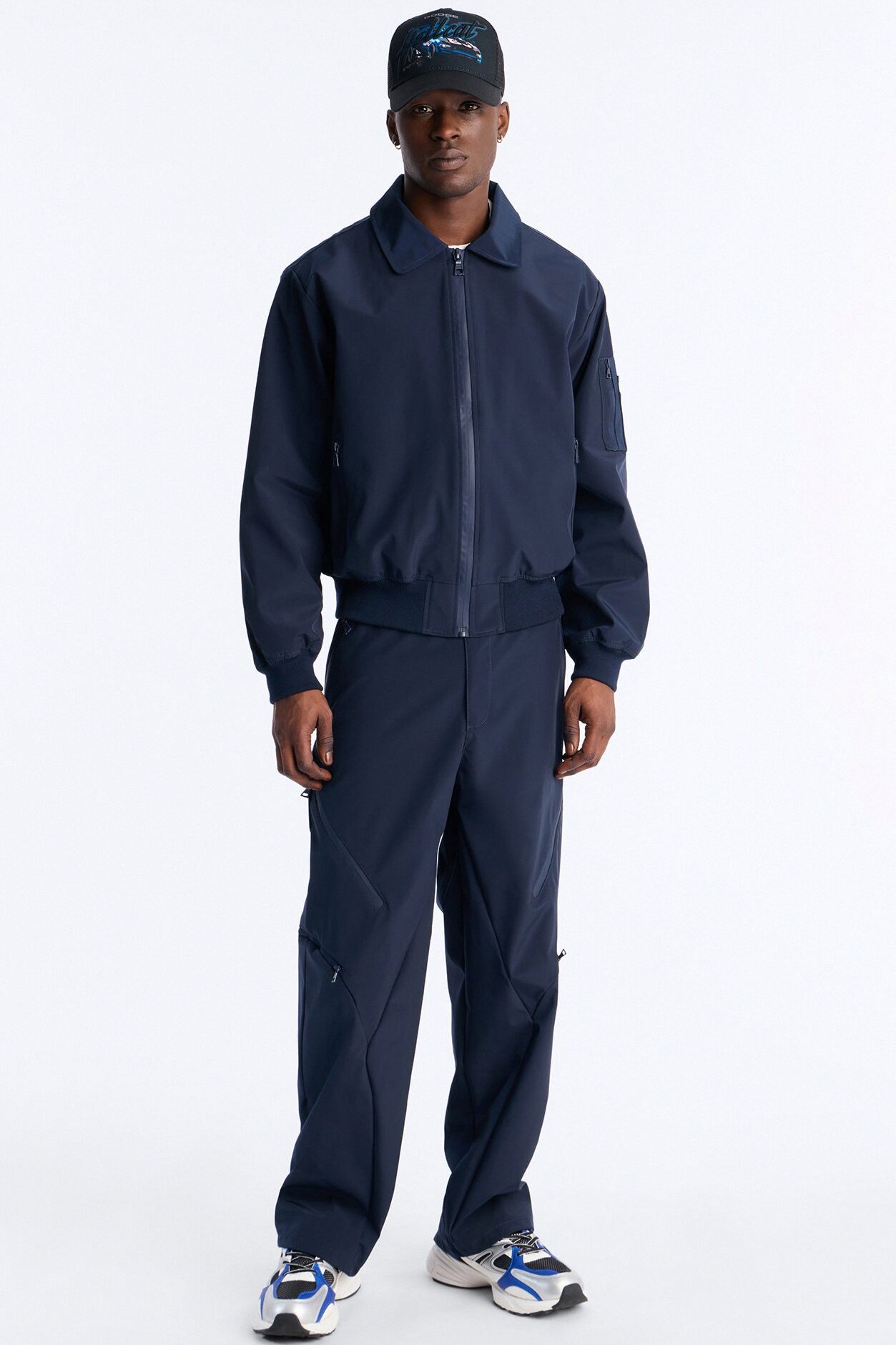 Cropped Relaxed Liberty Zip Bomber Jacket - Navy