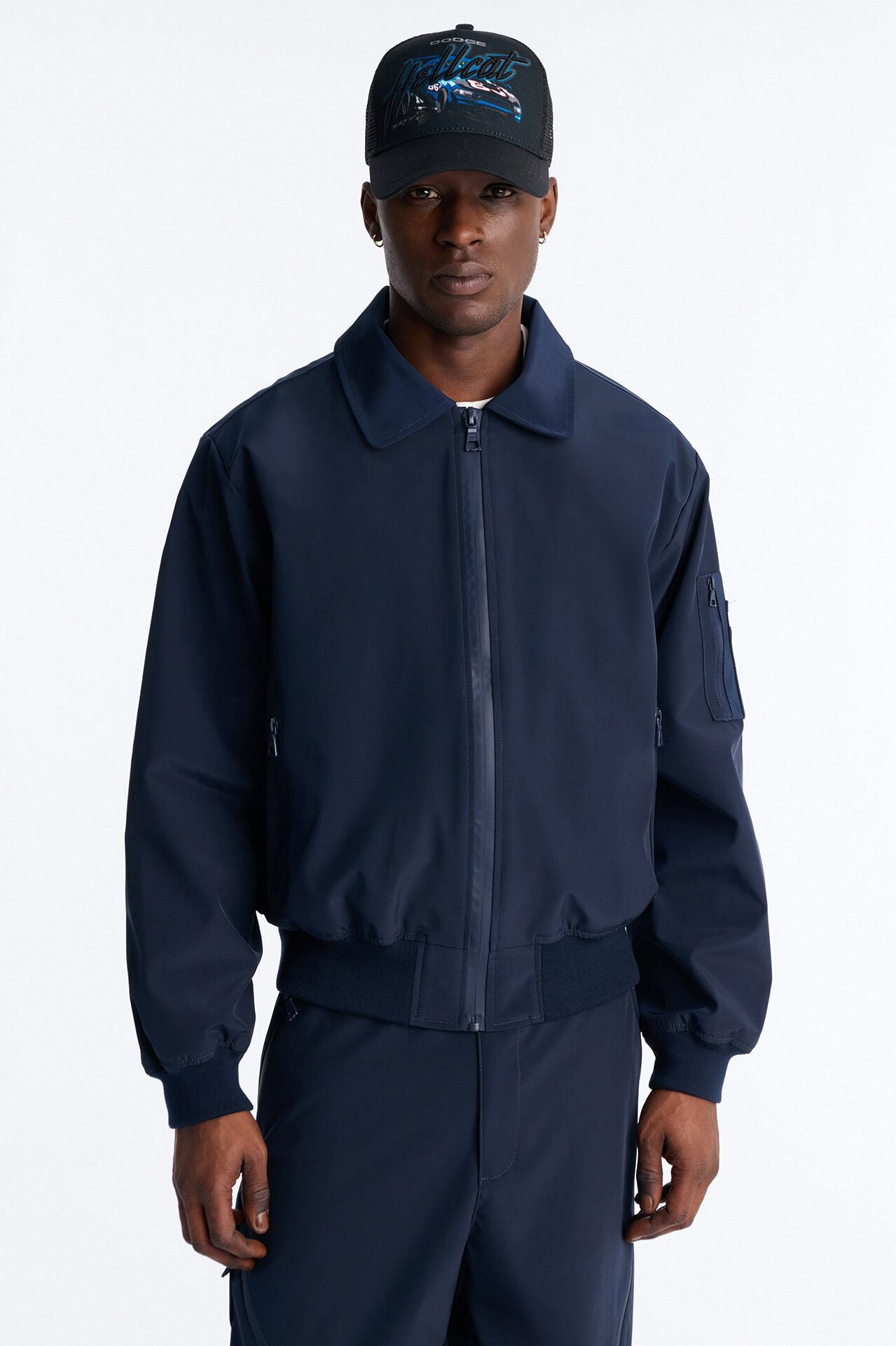 Cropped Relaxed Liberty Zip Bomber Jacket - Navy