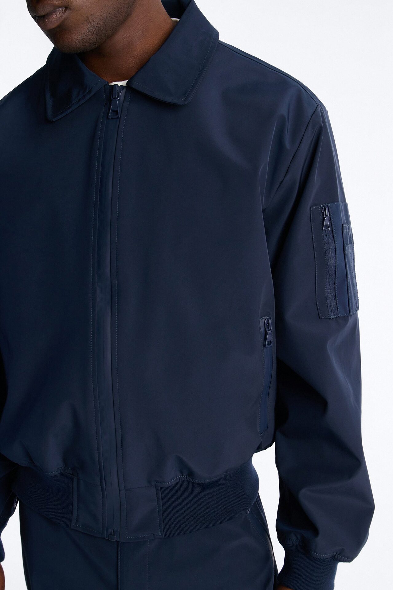 Cropped Relaxed Liberty Zip Bomber Jacket - Navy