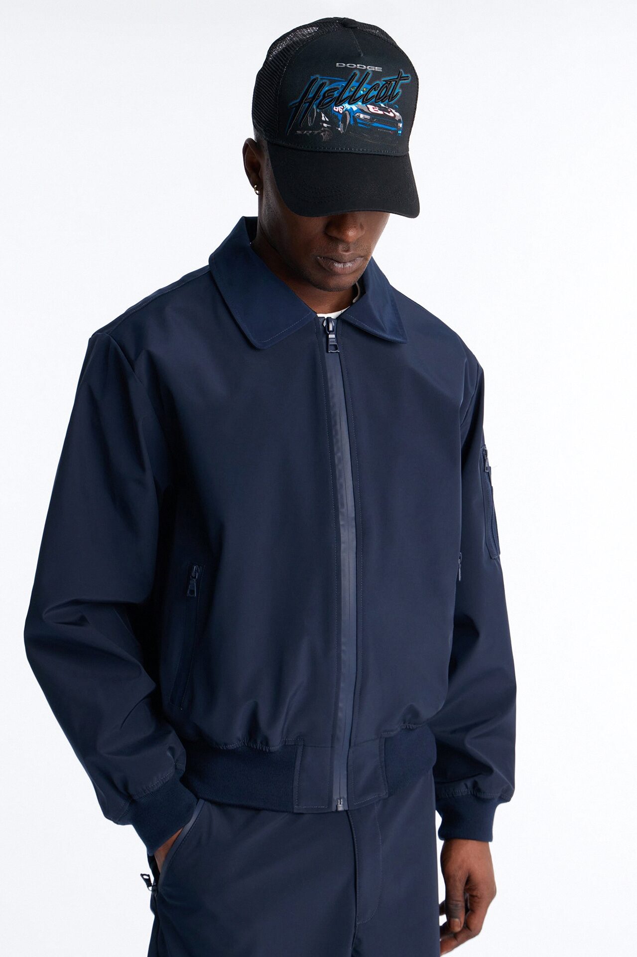 Cropped Relaxed Liberty Zip Bomber Jacket - Navy