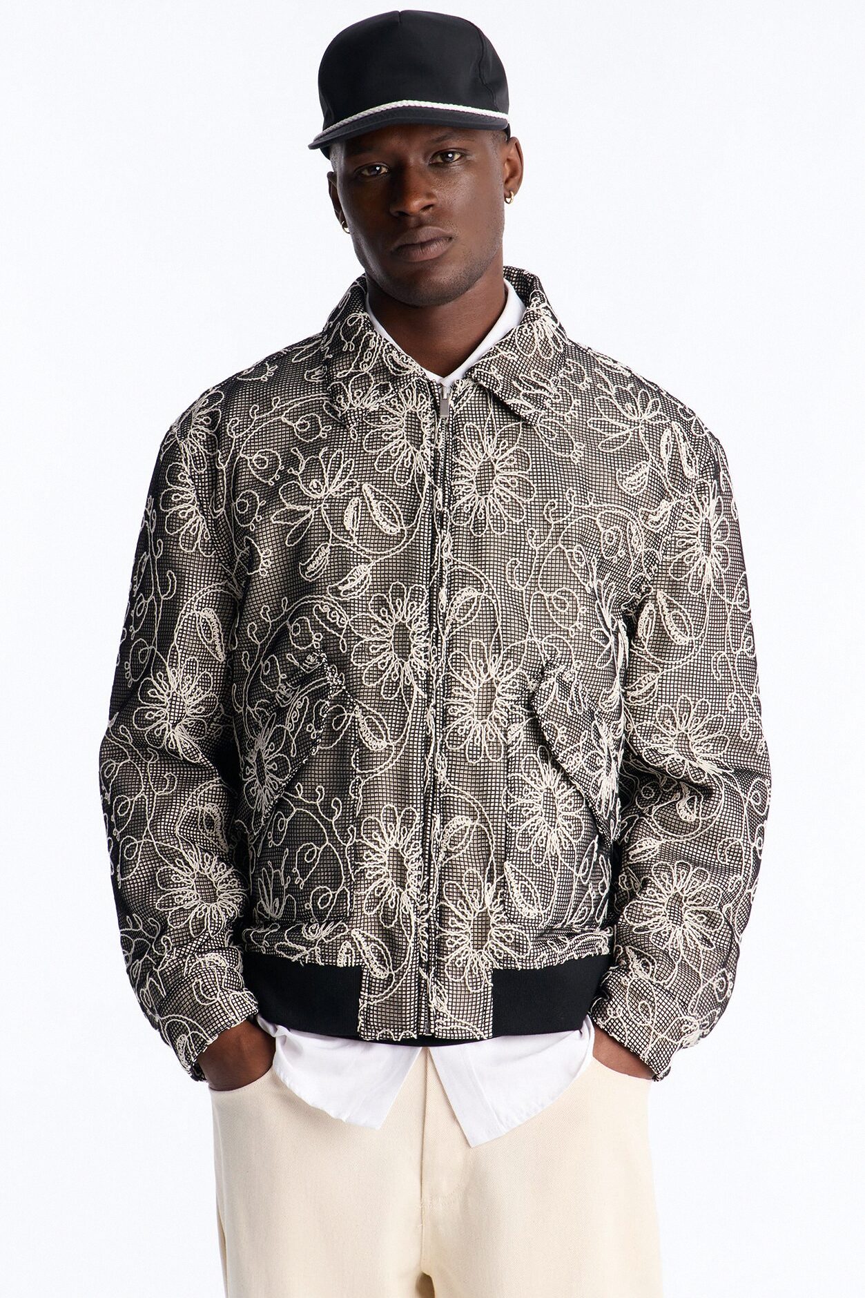 Textured Paradise Thread Zip Jacket - Black