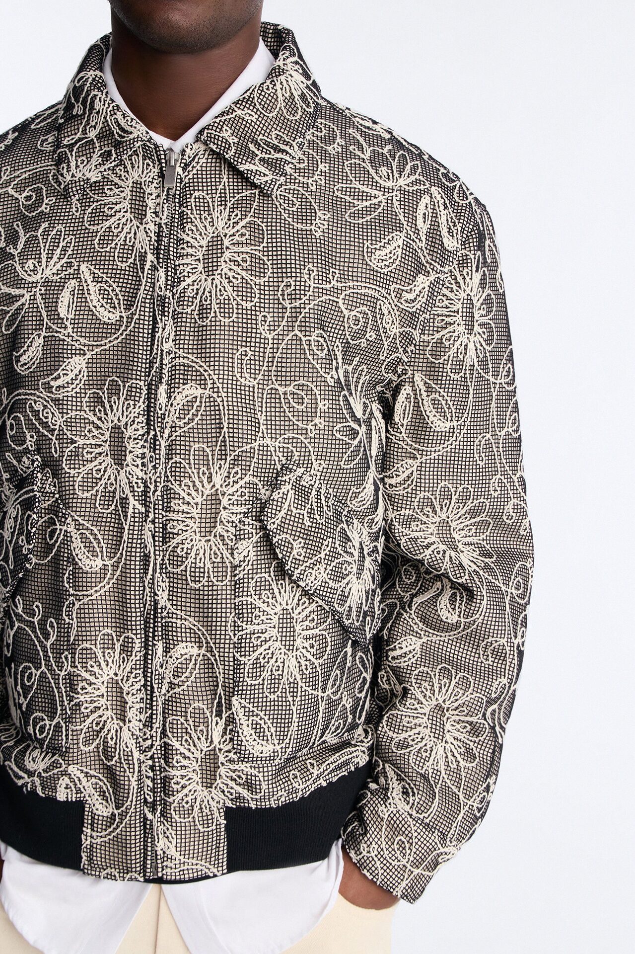 Textured Paradise Thread Zip Jacket - Black