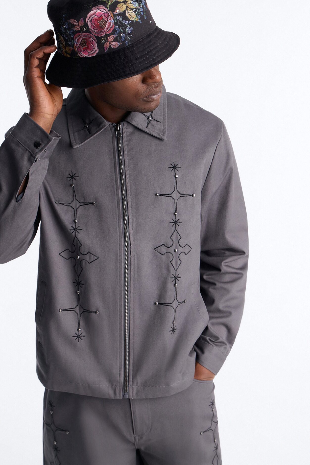 Vatican City Stitched Embellished Work Jacket - Grey