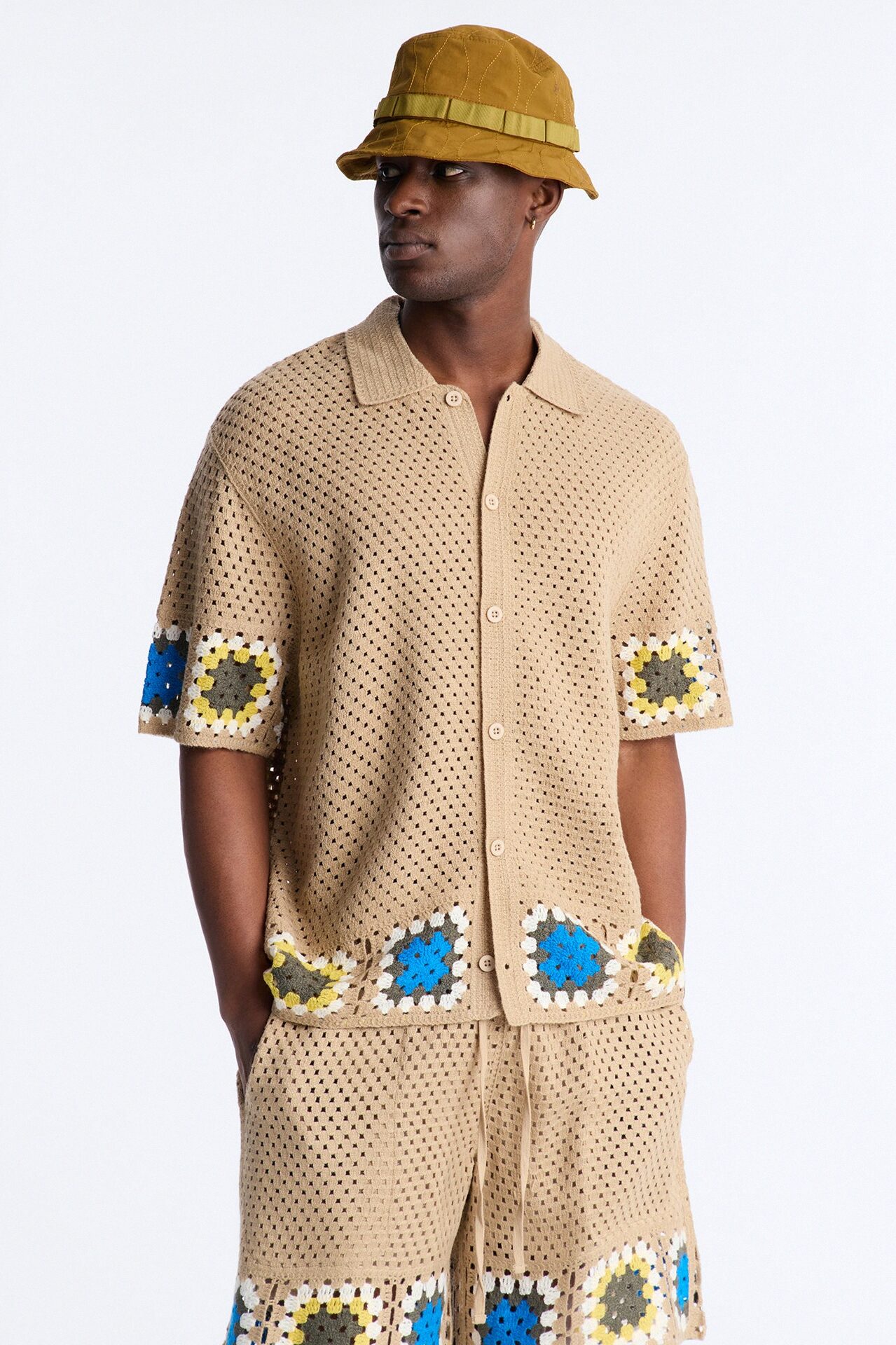 Relaxed Daisy Daze Crochet Button Up Shirt - Tan