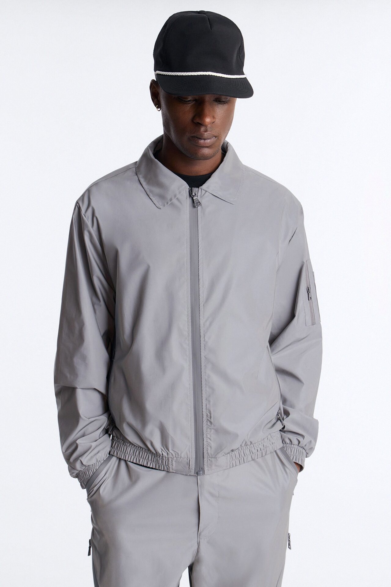 Cropped Relaxed Reflective Zip Bomber Jacket - Silver