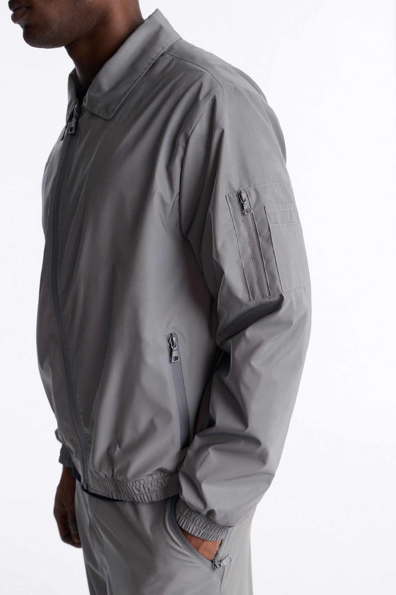 Cropped Relaxed Reflective Zip Bomber Jacket - Silver