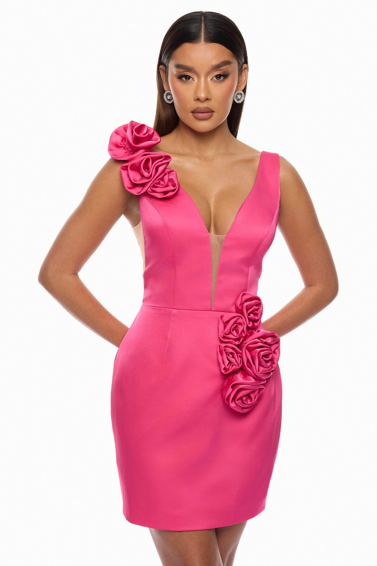 Bed Of Roses Floral Applique Satin Mini Dress - Hot Pink