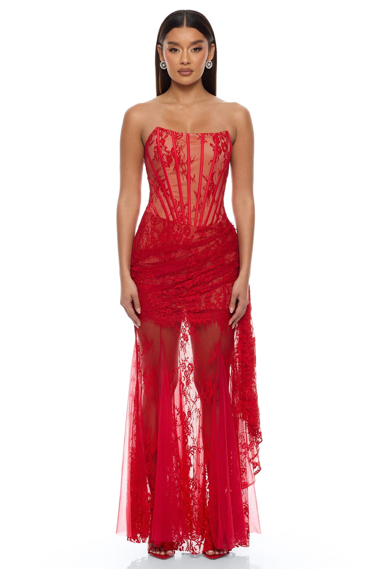 Be Mine Draped Lace Maxi Dress - Red