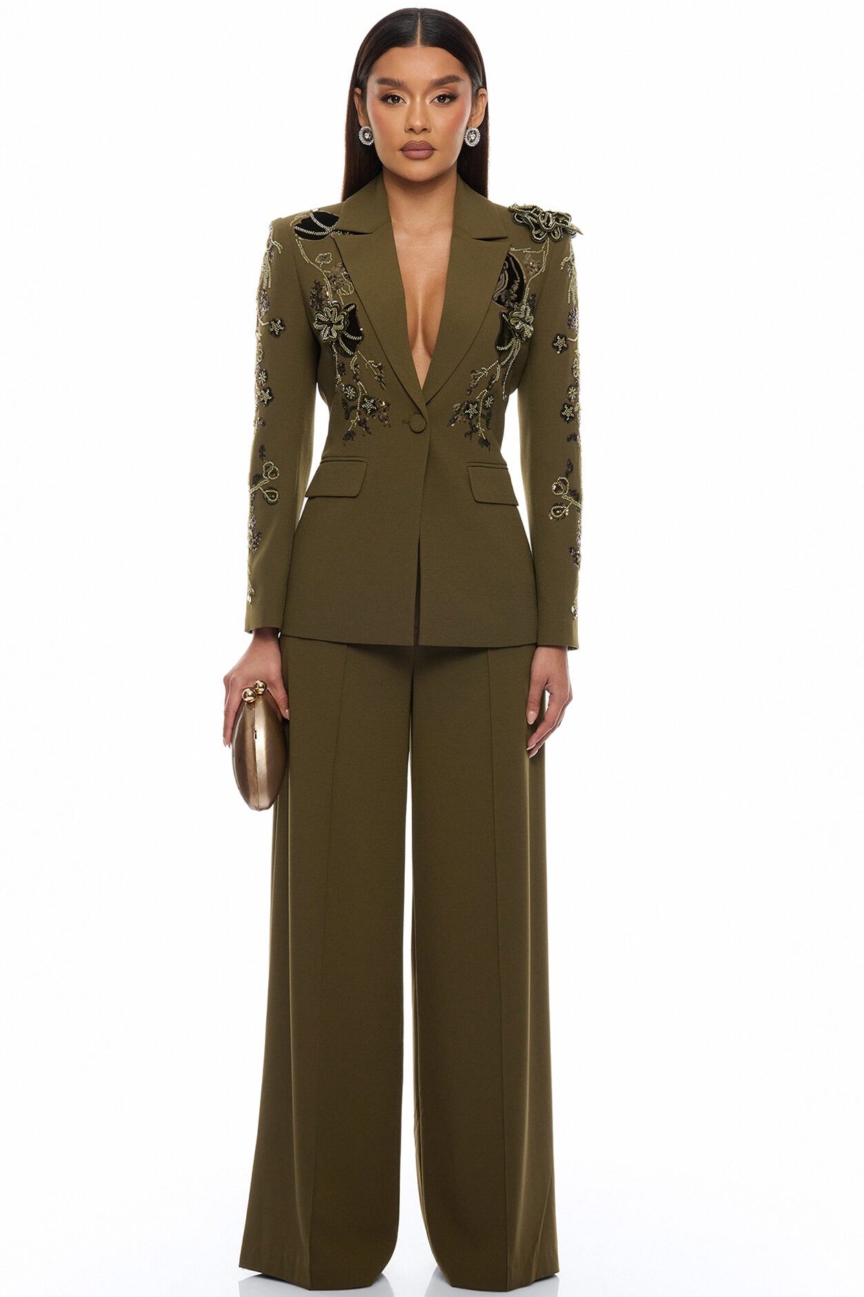 Indie Embellished Blazer Pant Set - Olive
