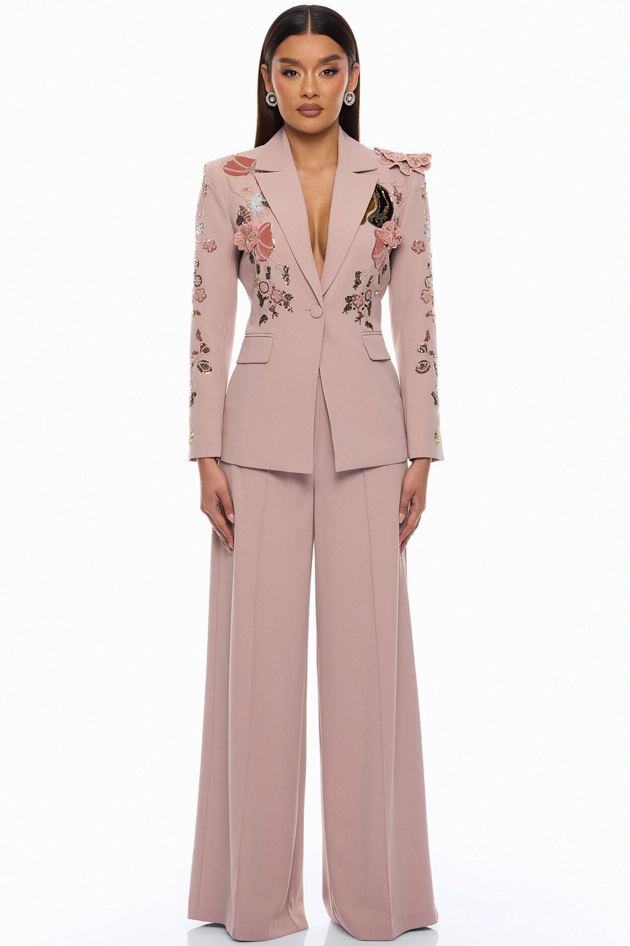 Indie Embellished Blazer Pant Set - Mauve