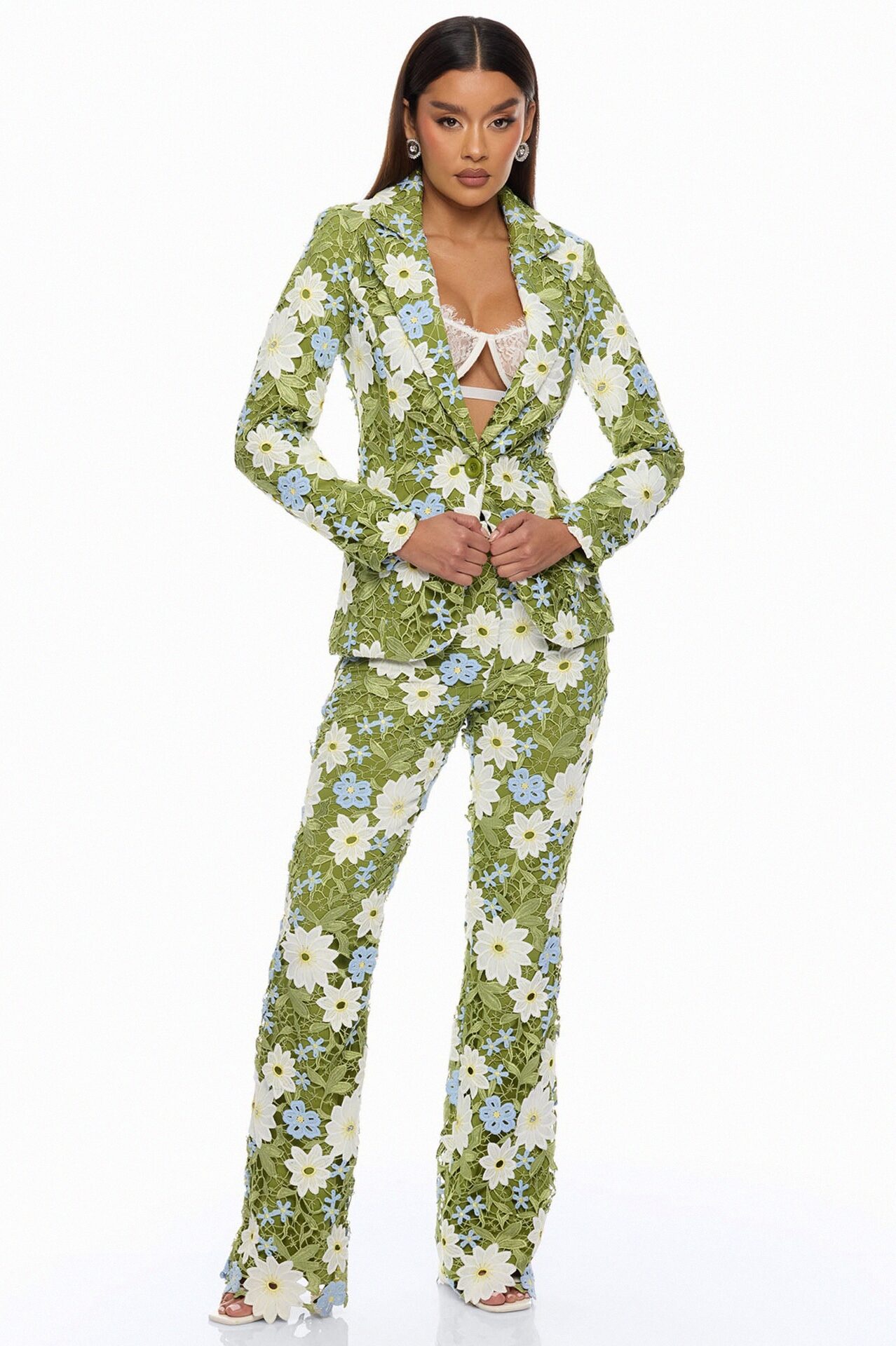 Dani Floral Embroidered Flare Pant - Chartreuse