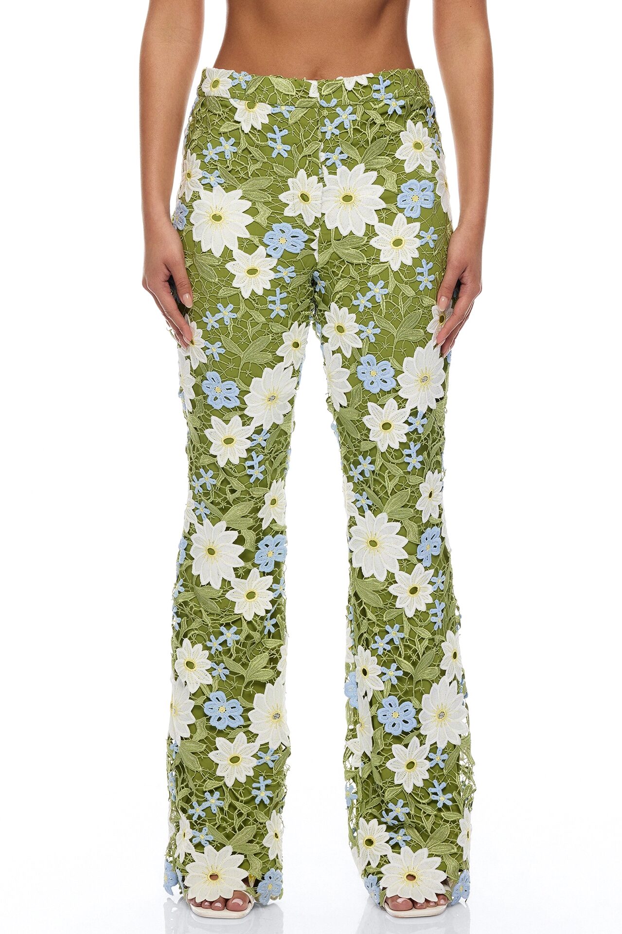 Dani Floral Embroidered Flare Pant - Chartreuse