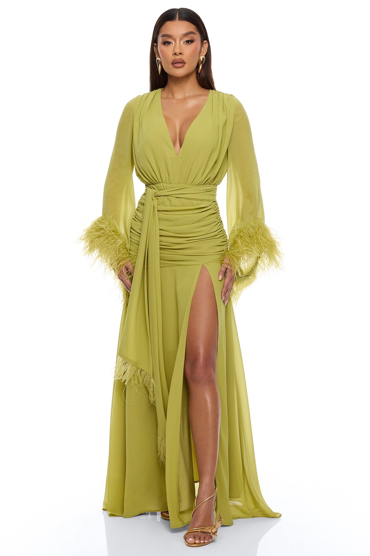 Daisey Feathered Chiffon Maxi Dress - Chartreuse