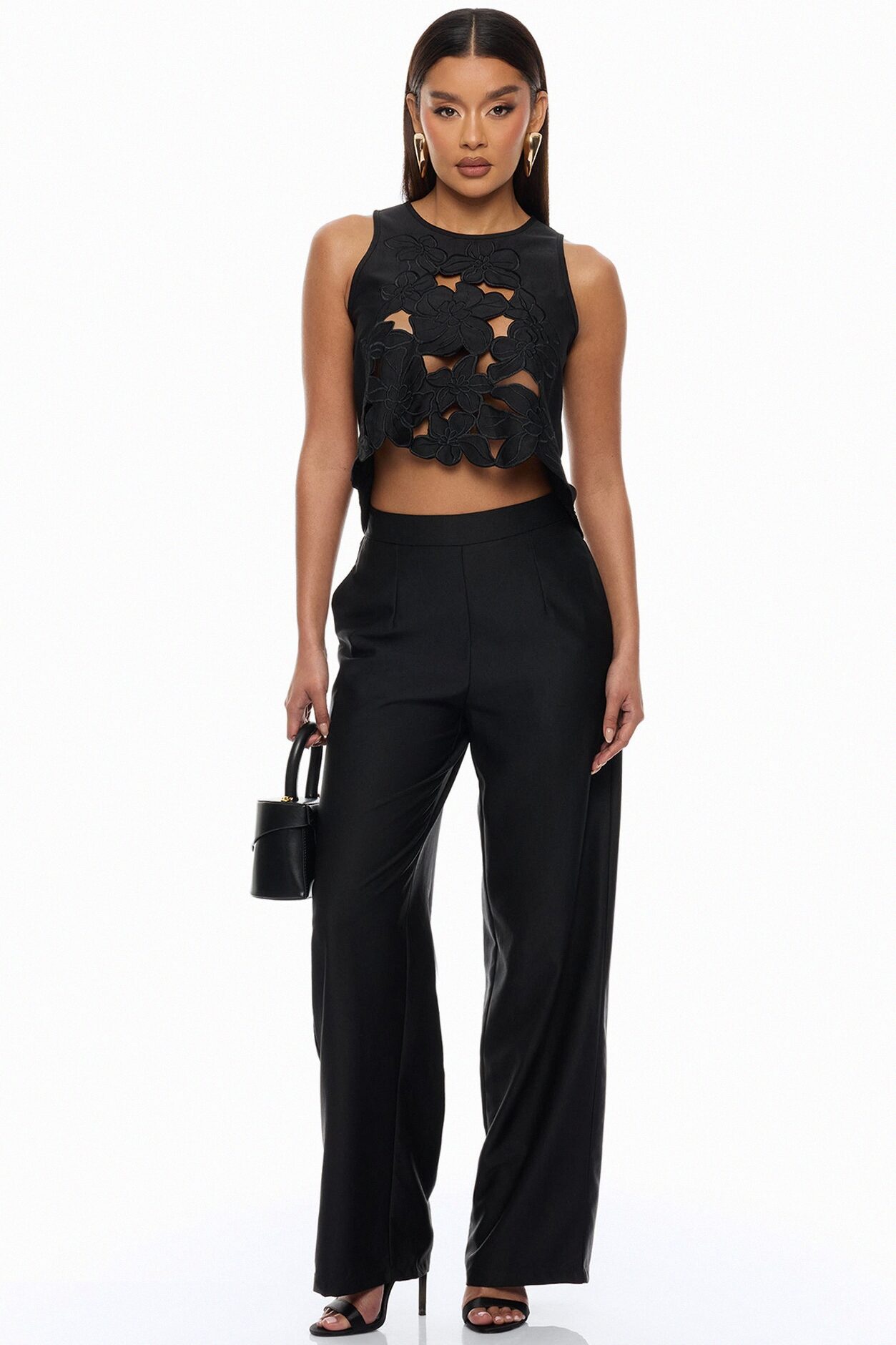 Greta Floral Embroidered Pant Set - Black