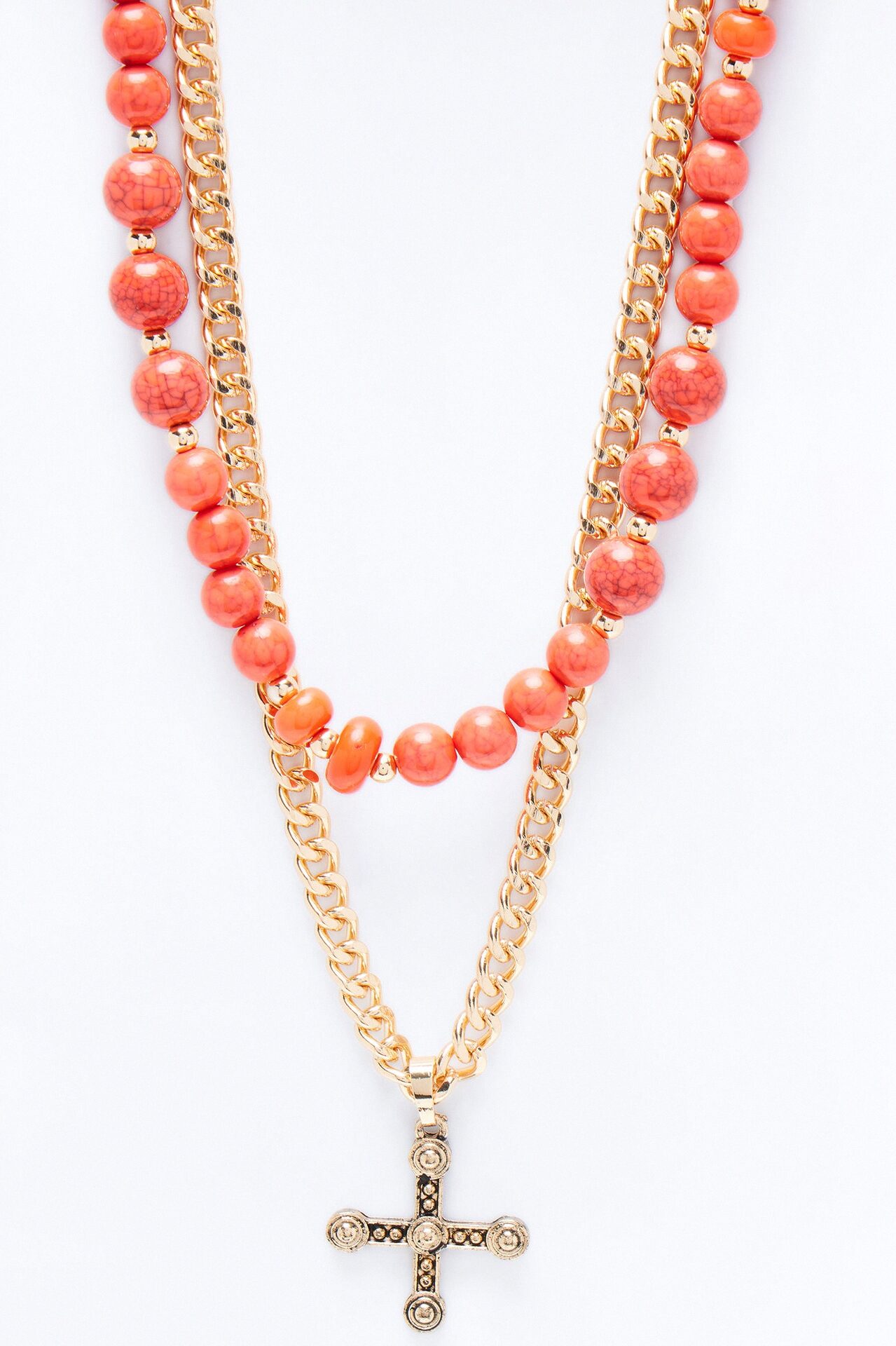 Layered Cuban Cross And Beaded Necklace Set - Gold/combo