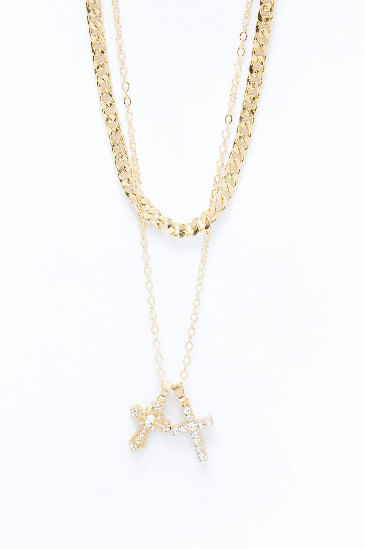 Double Crossed Chain Necklace Set - Gold