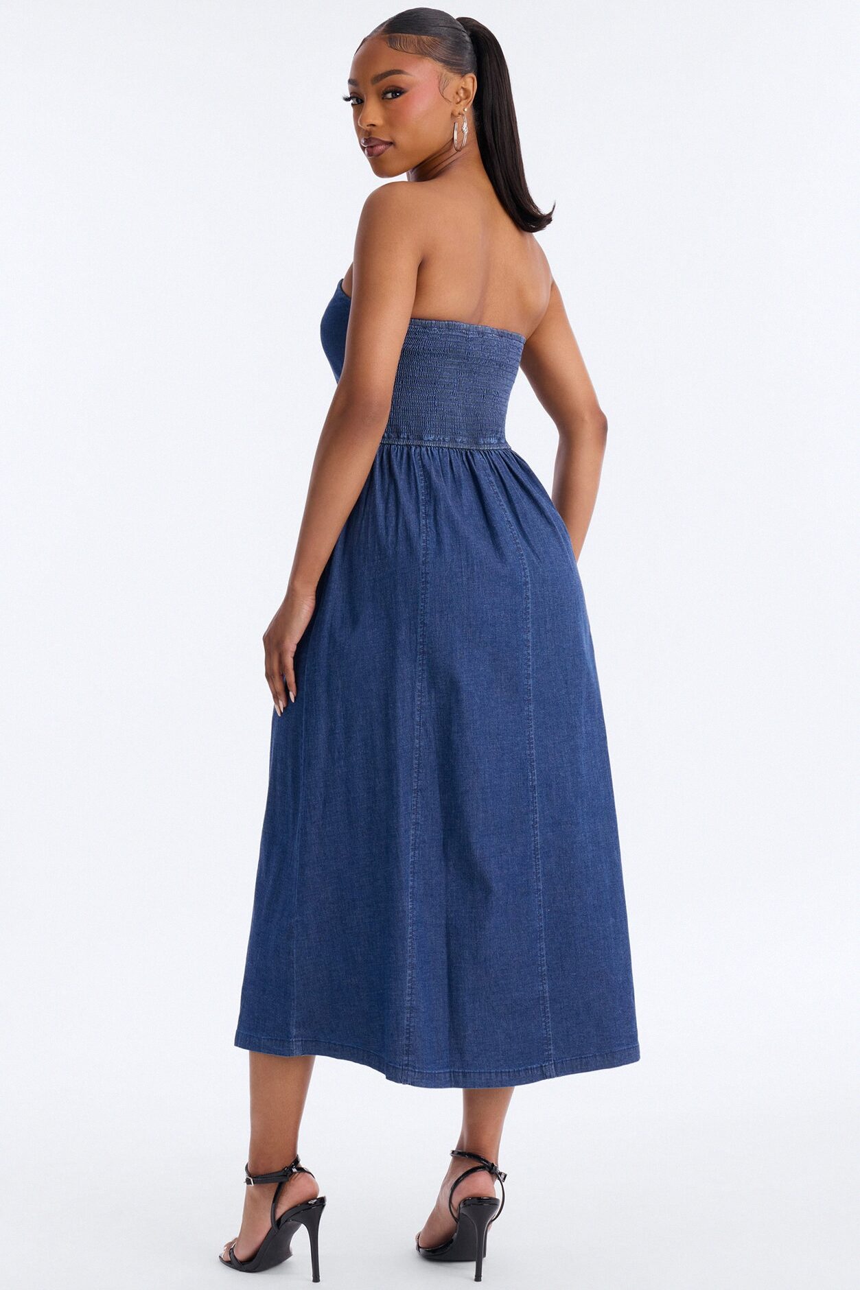 Gwen Strapless Denim Midi Dress - Dark Wash