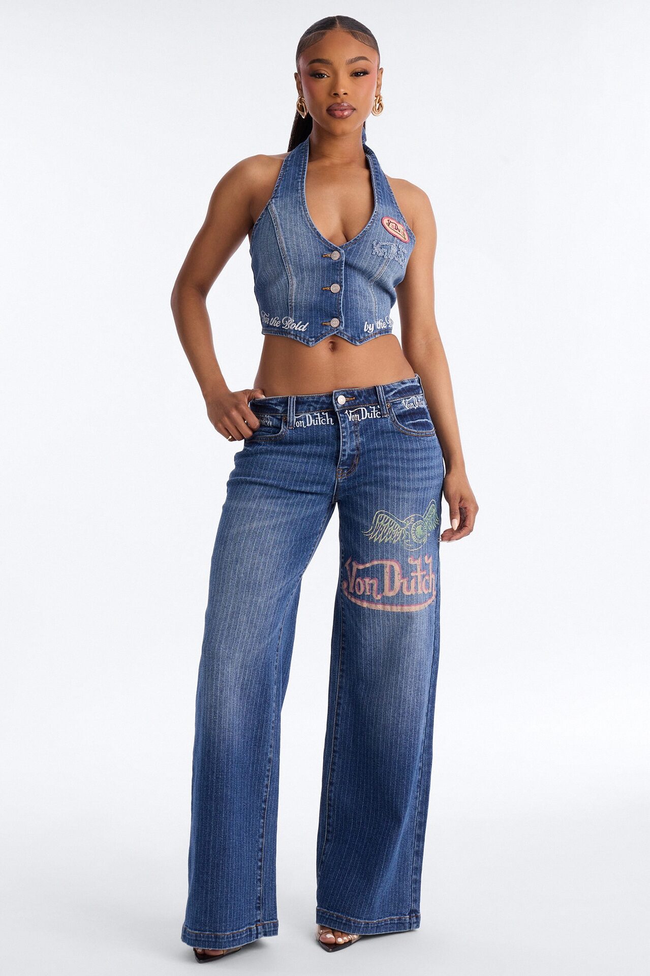 Von Dutch Striped Wide Leg Jeans - Medium Wash