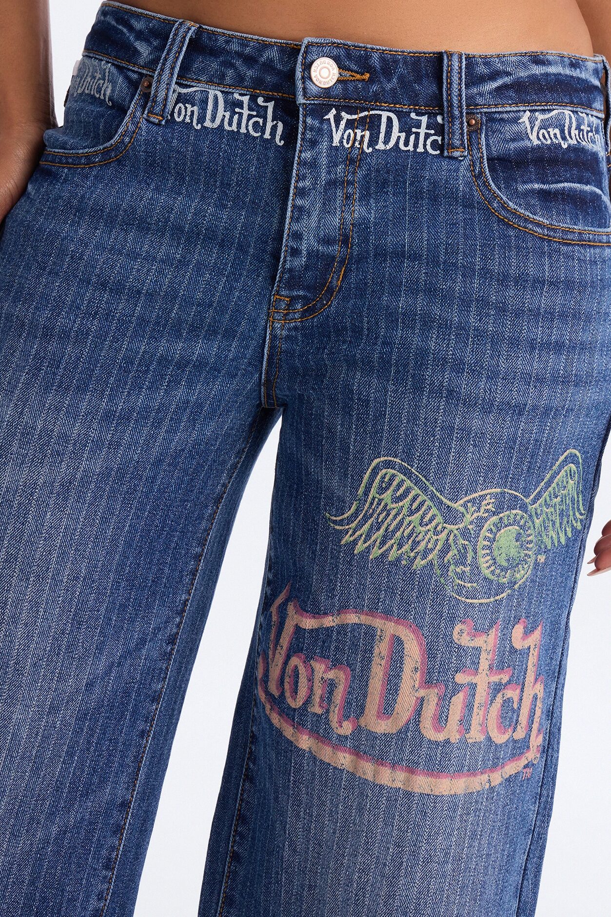 Von Dutch Striped Wide Leg Jeans - Medium Wash