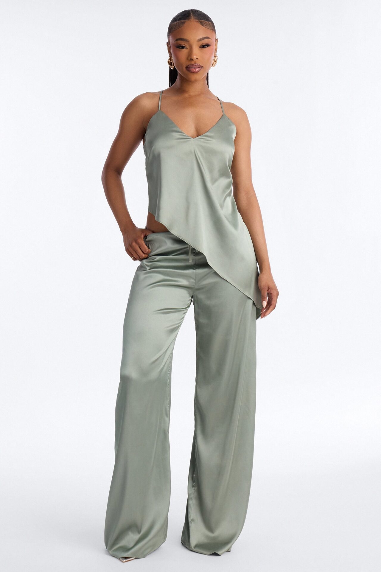 Seraphina Backless Satin Pant Set - Sage