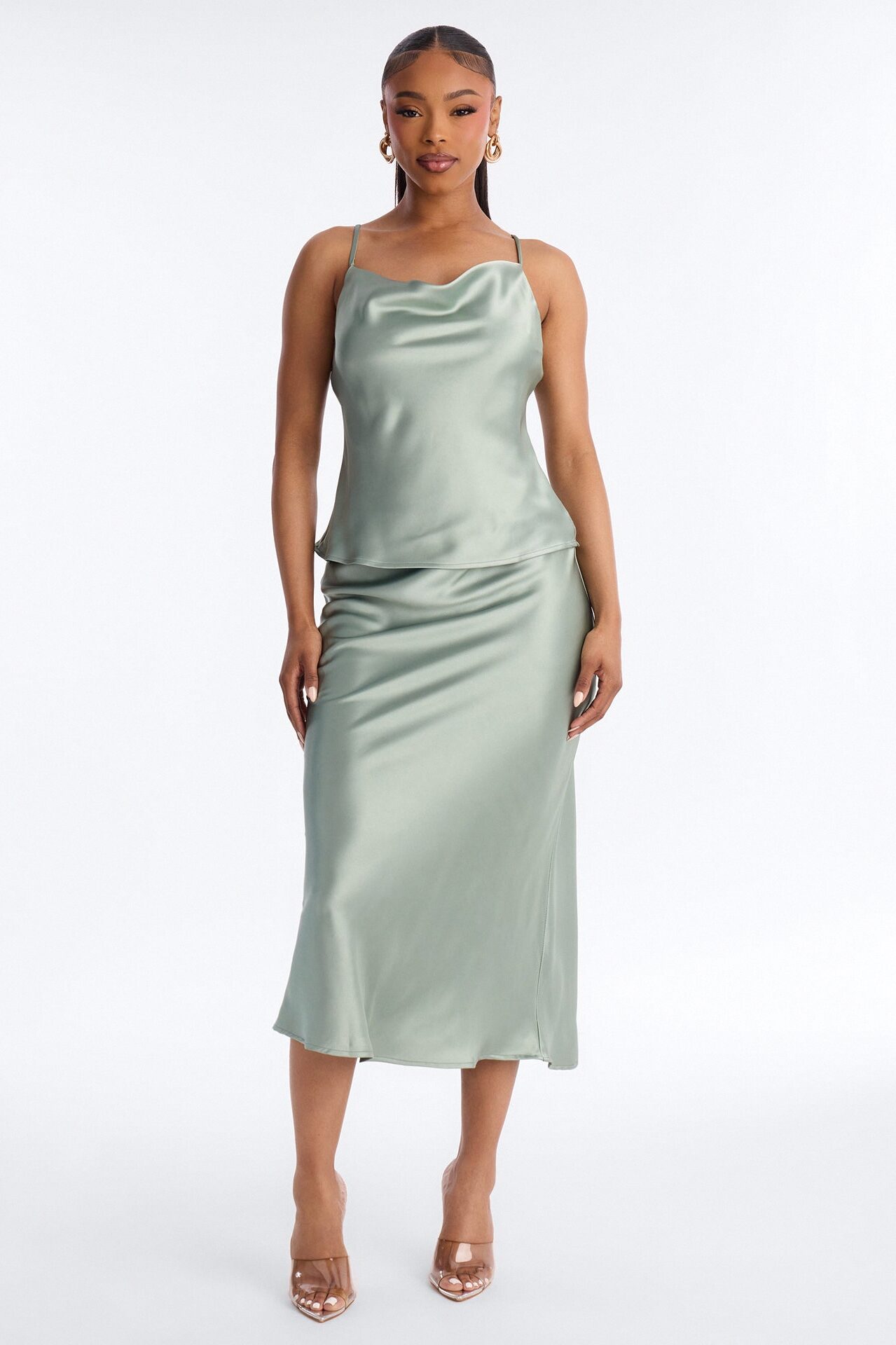 Madison Bias Cut Satin Midi Skirt Set - Sage
