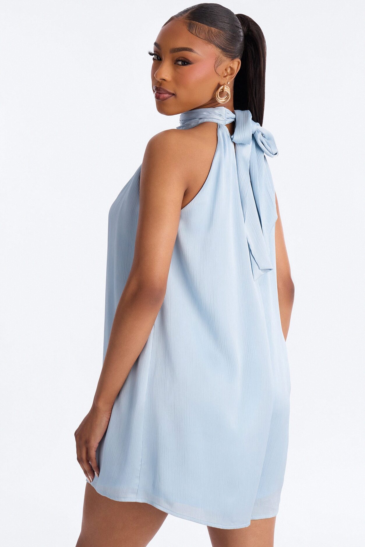 Flora Satin High Neck Romper - Blue