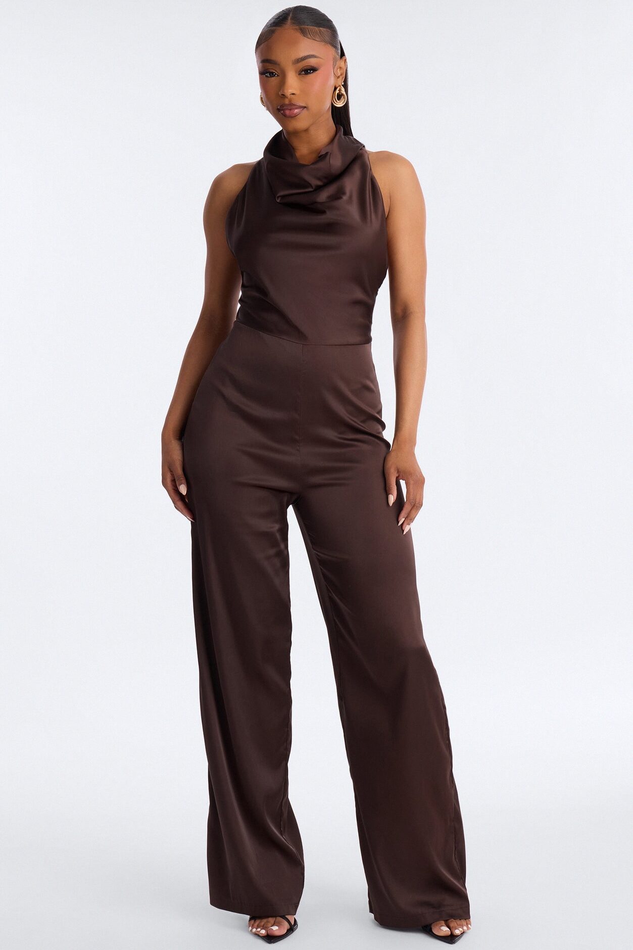 Sofi Satin Halter Jumpsuit - Chocolate