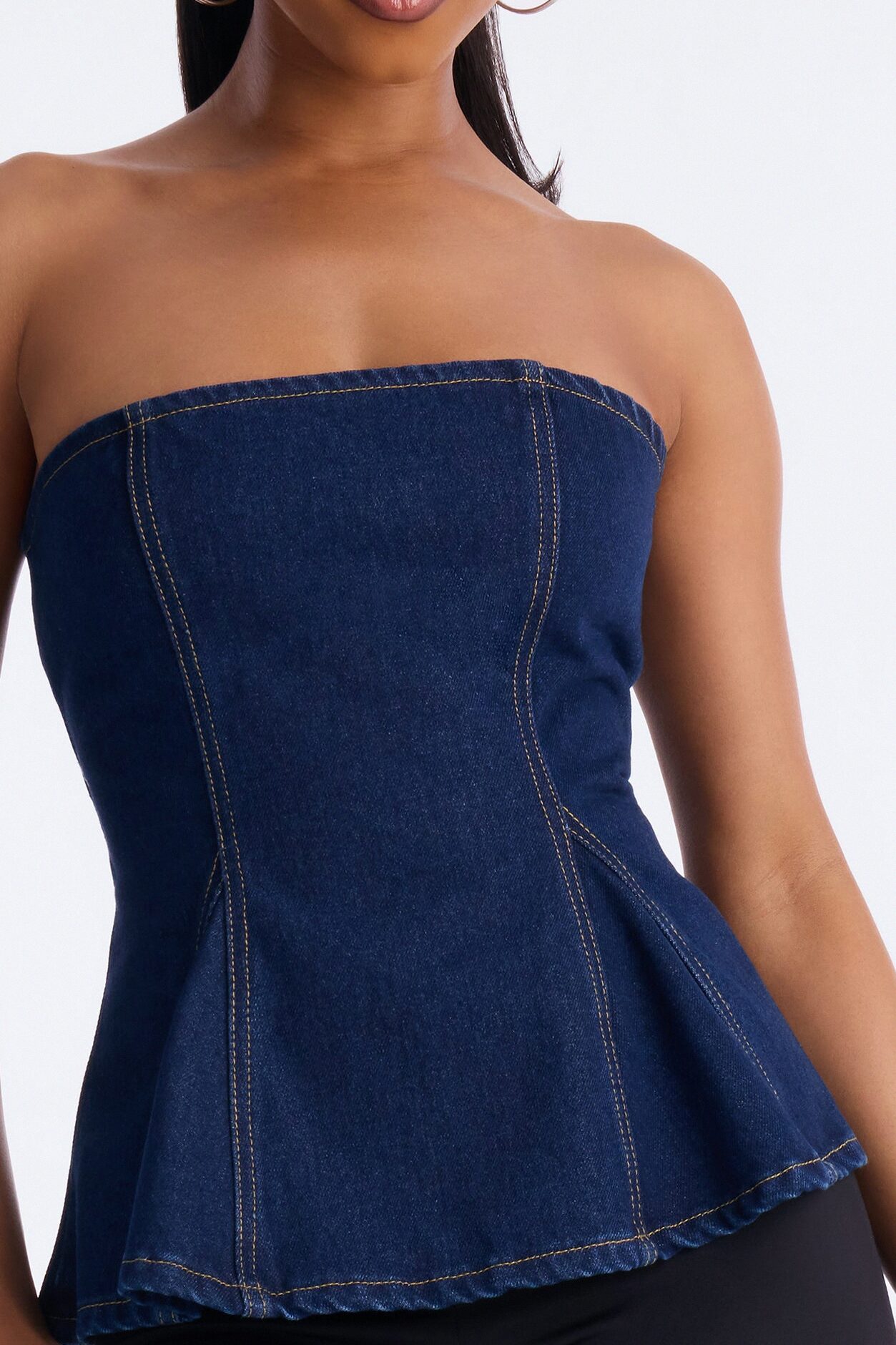 Just A Casual Serve Back Zip Denim Top - Dark Wash