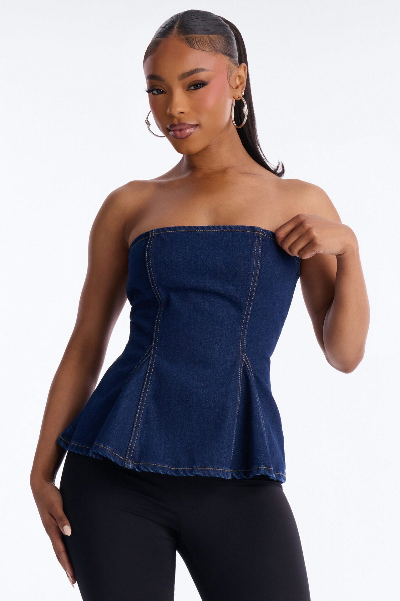 Just A Casual Serve Back Zip Denim Top - Dark Wash