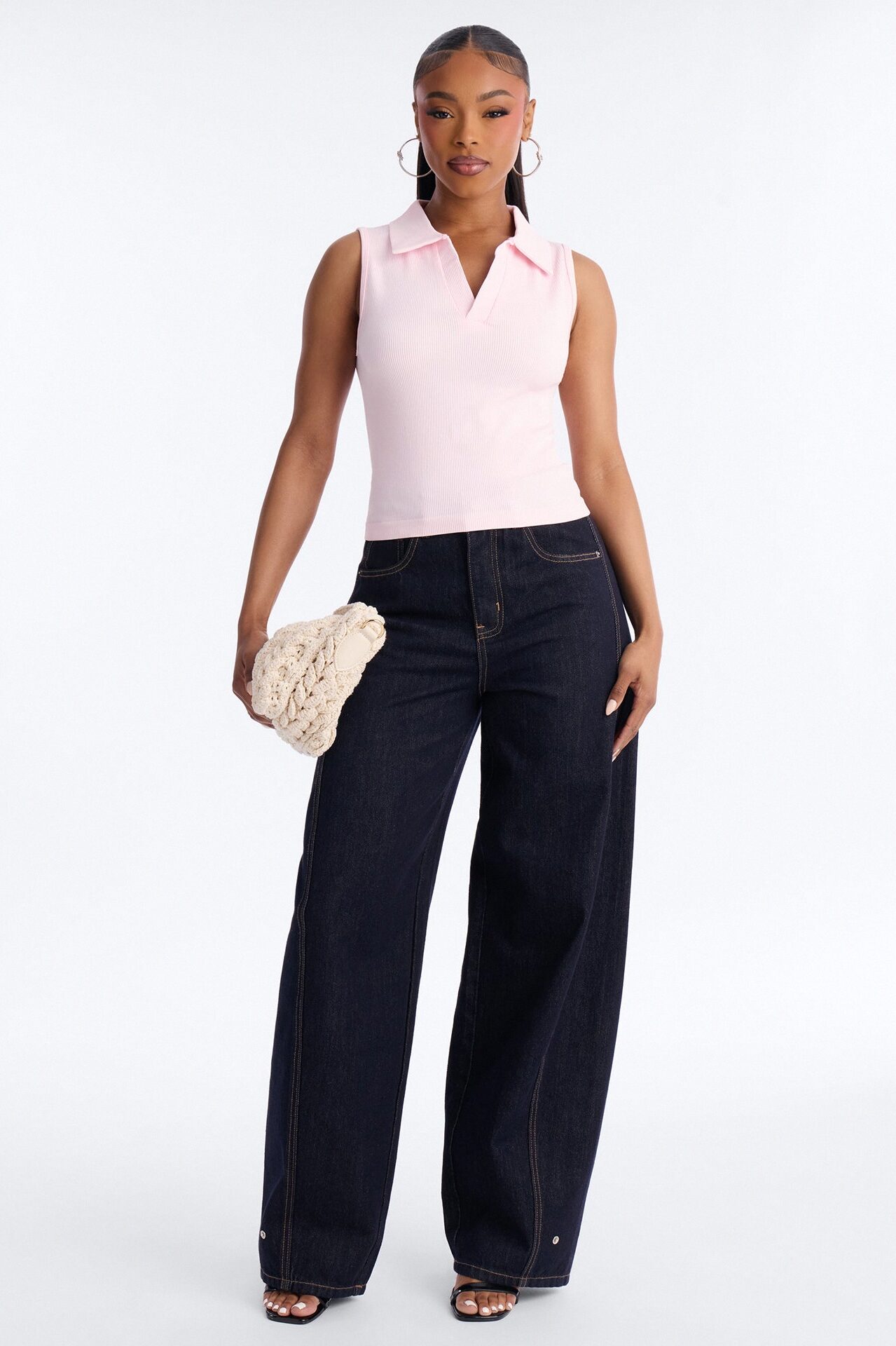 Lyra Seamless Rib Basic Sleeveless Collared Top - Pink