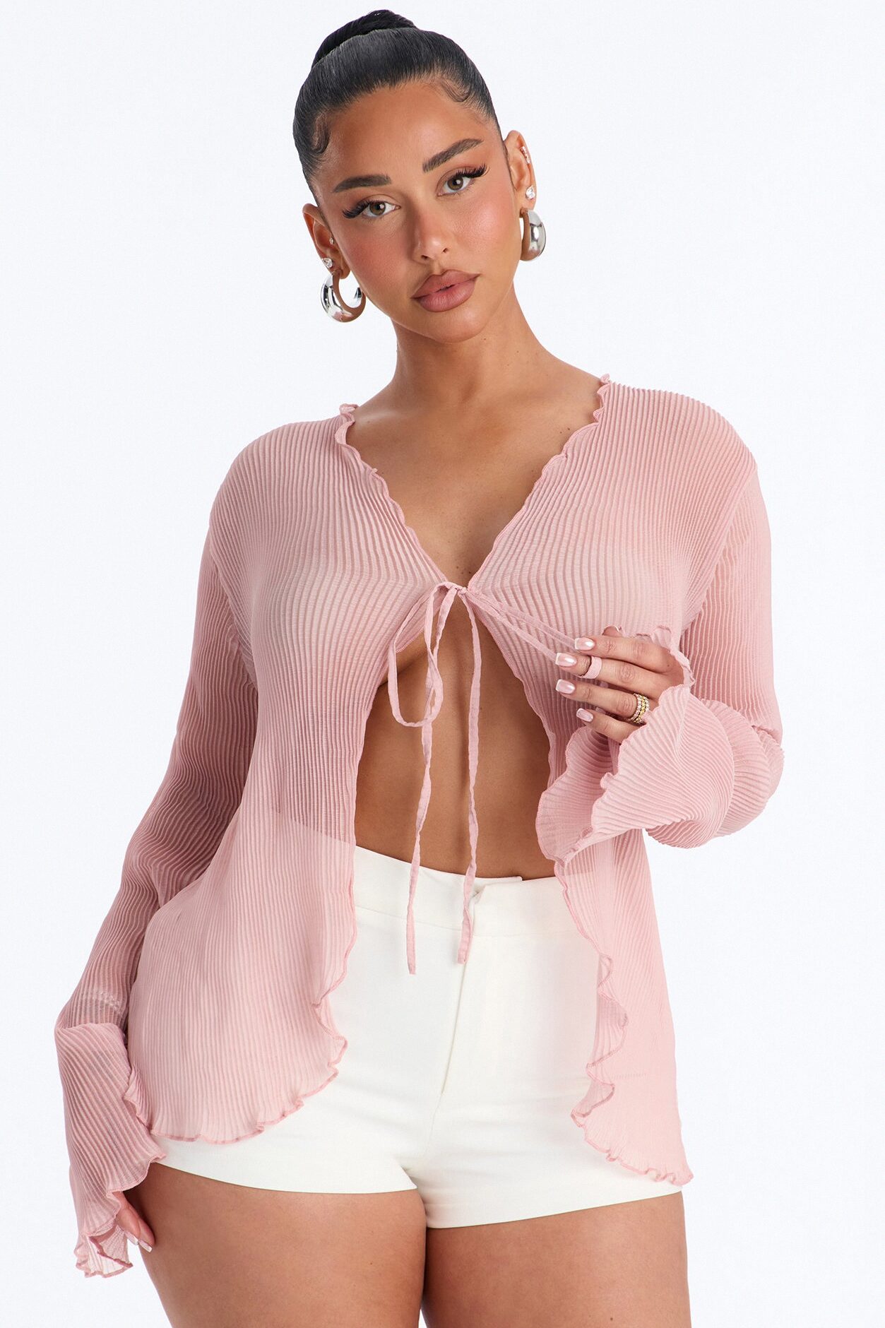 Becca Sheer Chiffon Long Sleeve Flyaway Top - Pink
