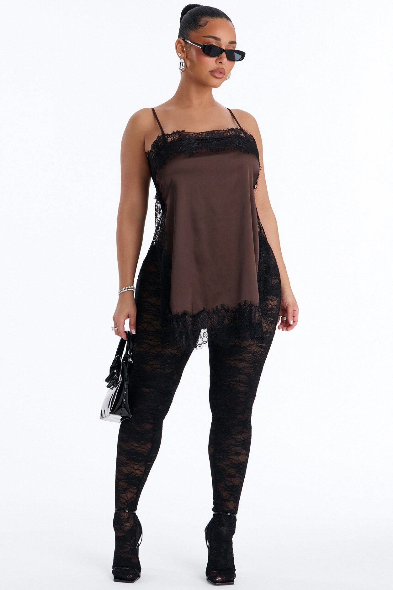 No Filter Needed Lace Trim Satin Top - Brown/combo